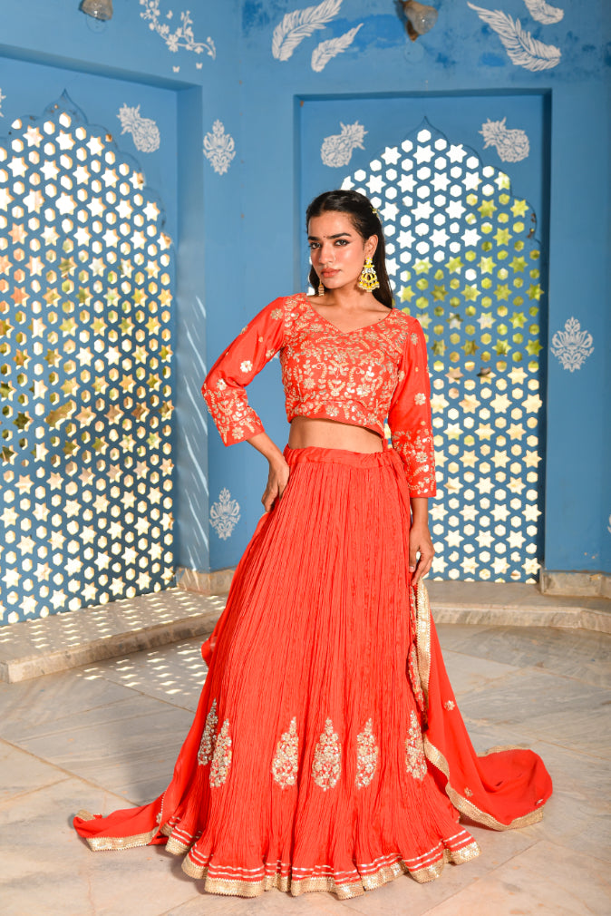 Dust Orange Gotta Patti Lehenga Set Full Look - Designer Ethnic Wear