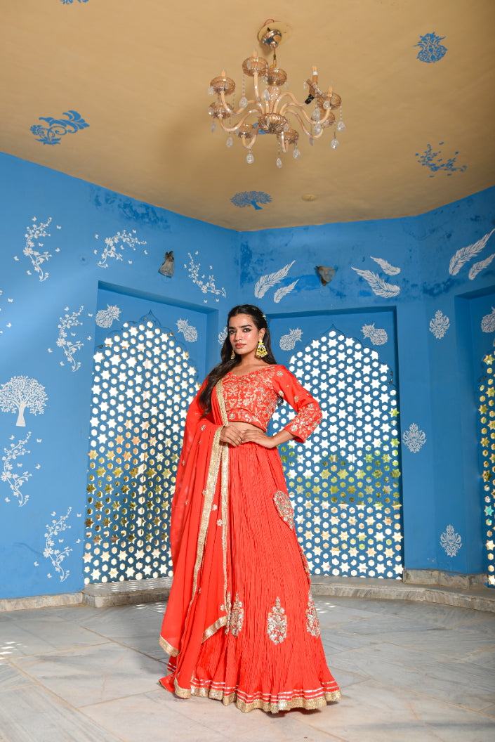 Dust Orange Gotta Patti Lehenga Set Model Shot - Designer Ethnic Wear