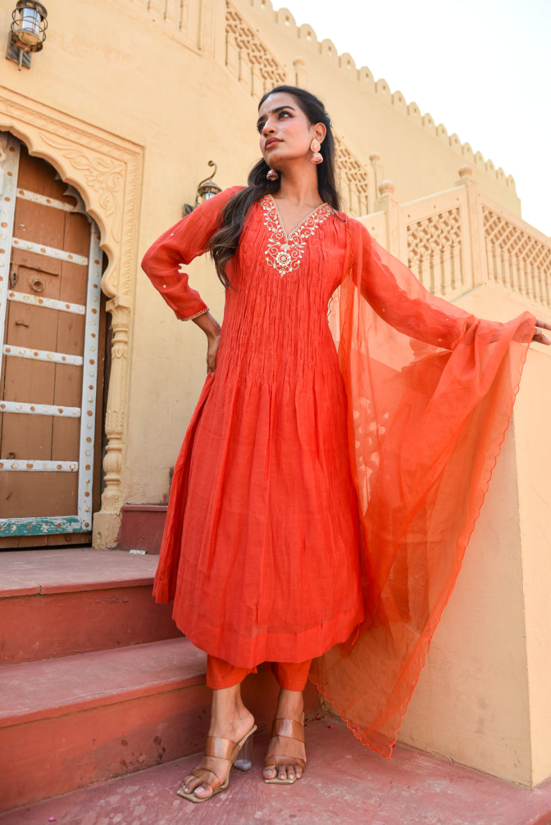 Crimson Red Chanderi Silk Kurta Set Detail Shot - Designer Ethnic Wear