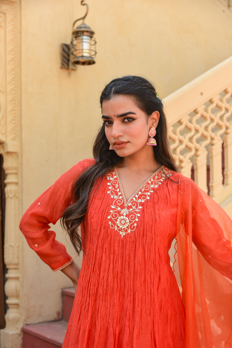 Crimson Red Chanderi Silk Kurta Set Close-up - Designer Ethnic Wear