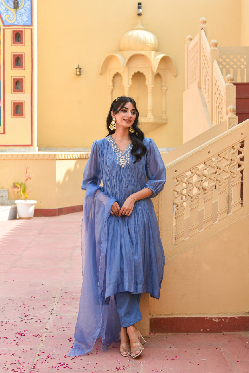 Marine Blue Chanderi Silk Kurta Set Side View - Designer Ethnic Wear