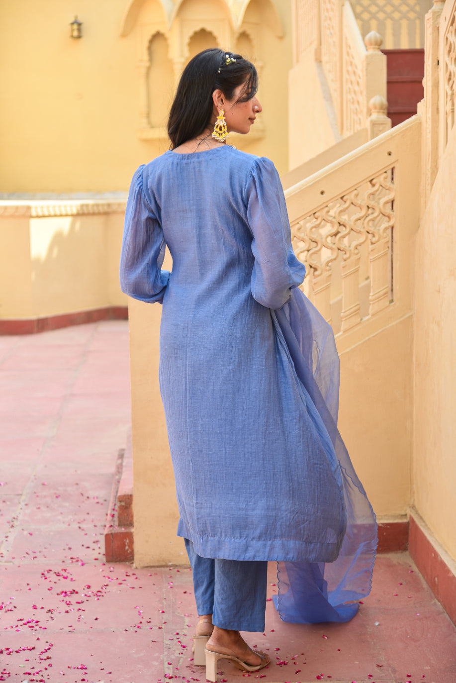 Marine Blue Chanderi Silk Kurta Set Model Shot - Designer Ethnic Wear