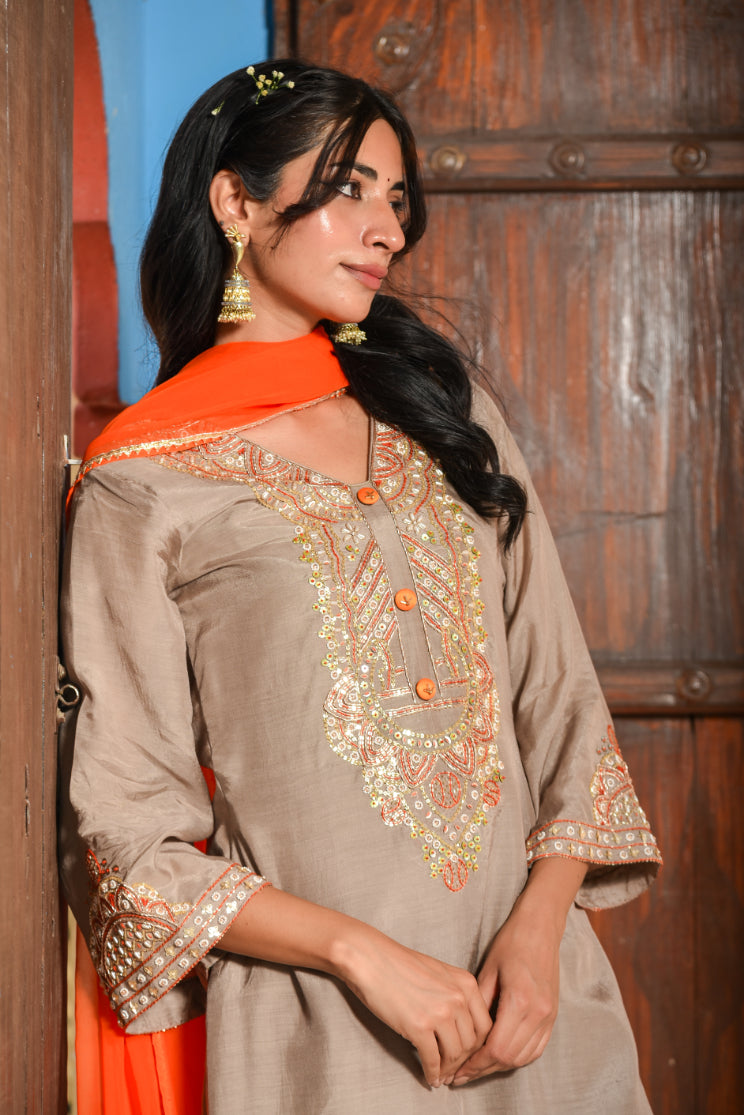 Taupe Grey Straight Kurta Set Full Look - Designer Ethnic Wear