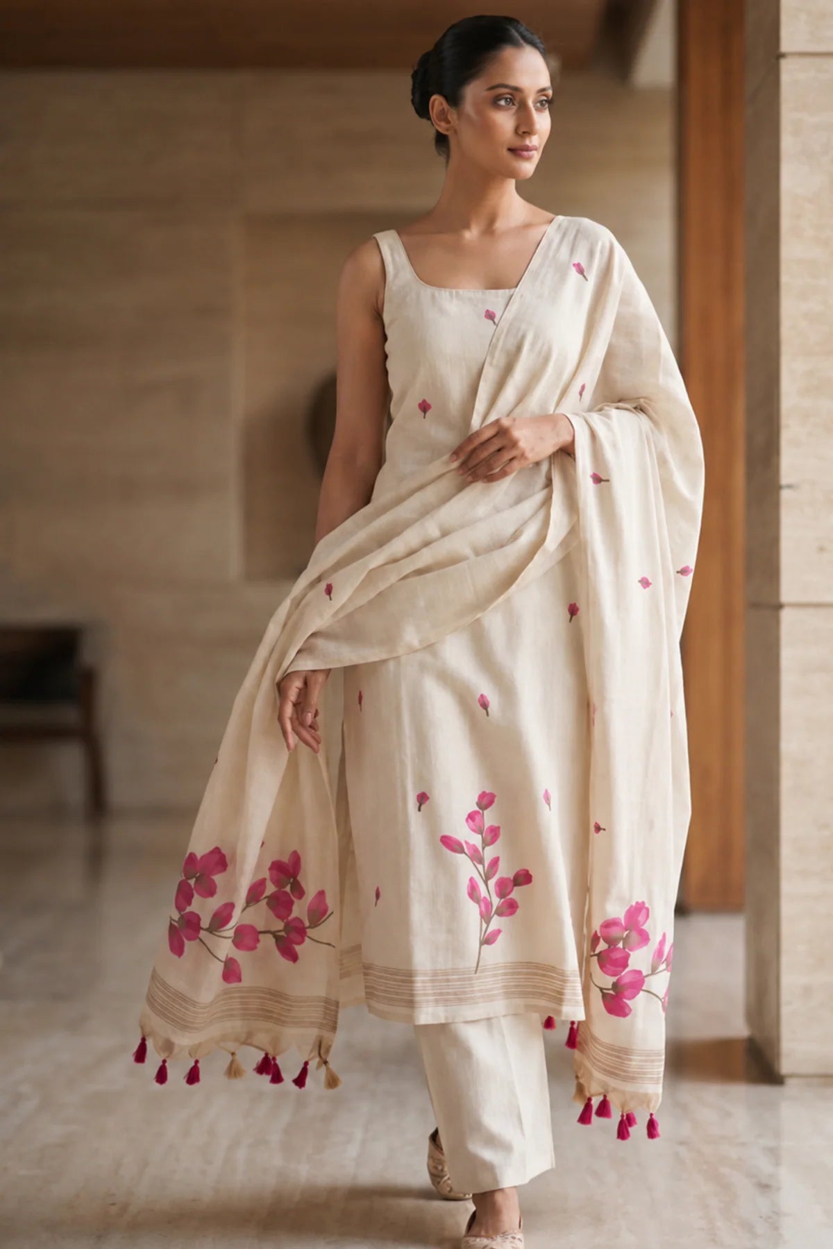 Saroj Jain Woven Floral Design Chanderi Cotton Kurta Set Material (3-Piece)