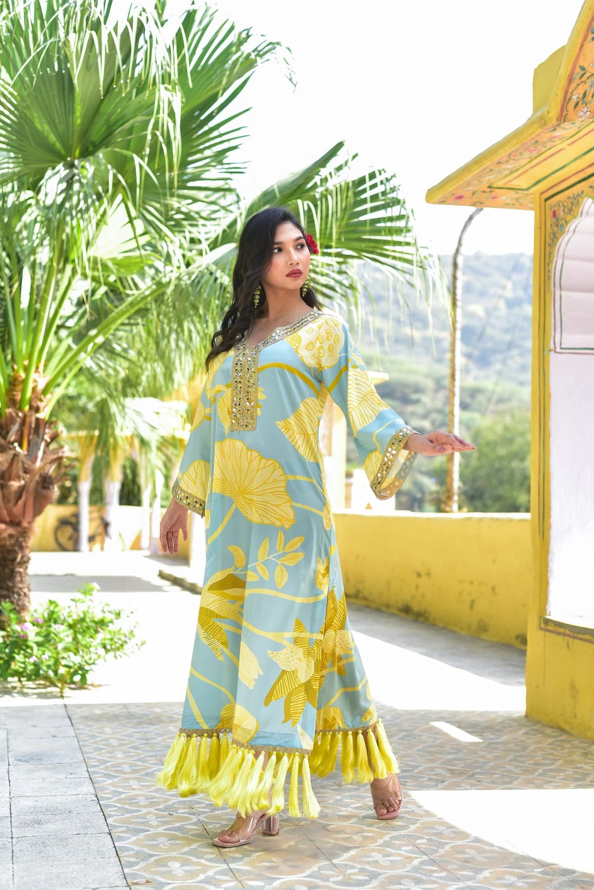 Lemon Gala Afghani Dress Close-up - Designer Ethnic Wear