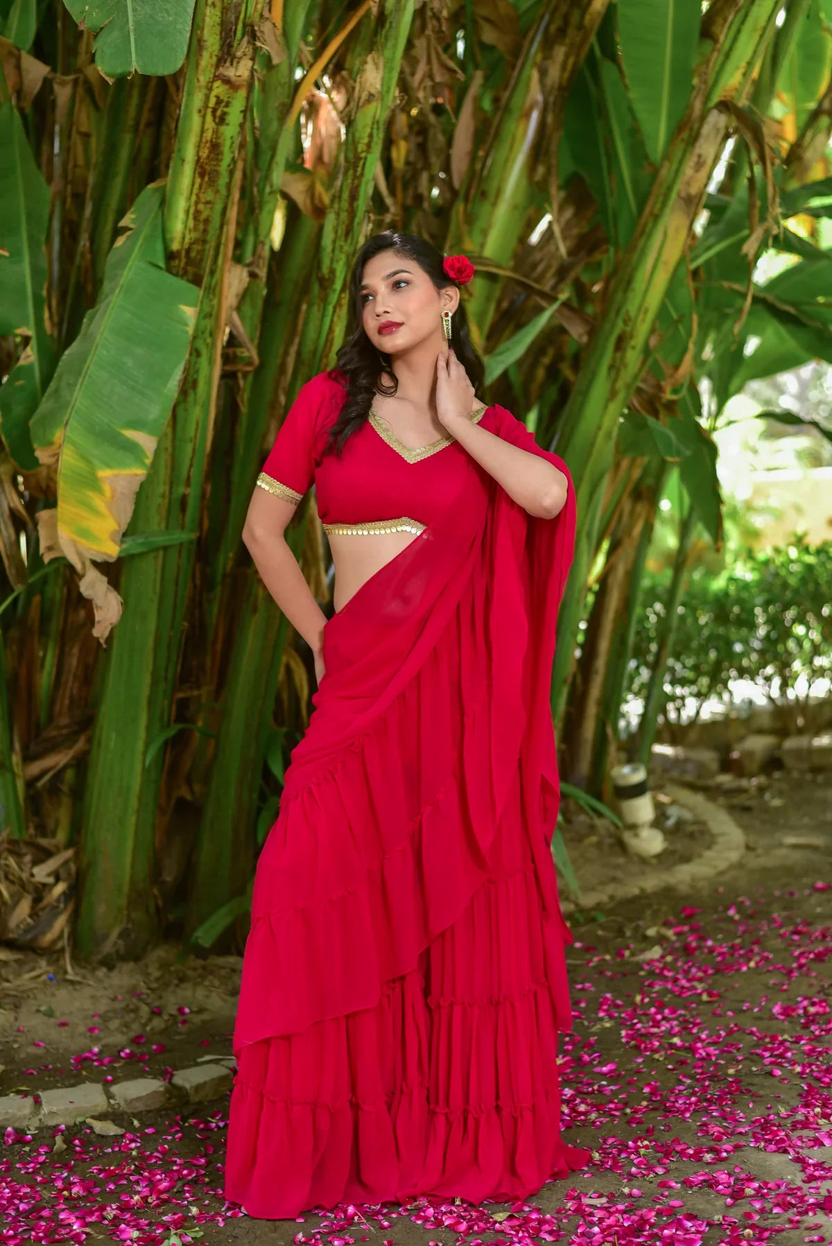 Regal Red Georgette Sharara Saree Set