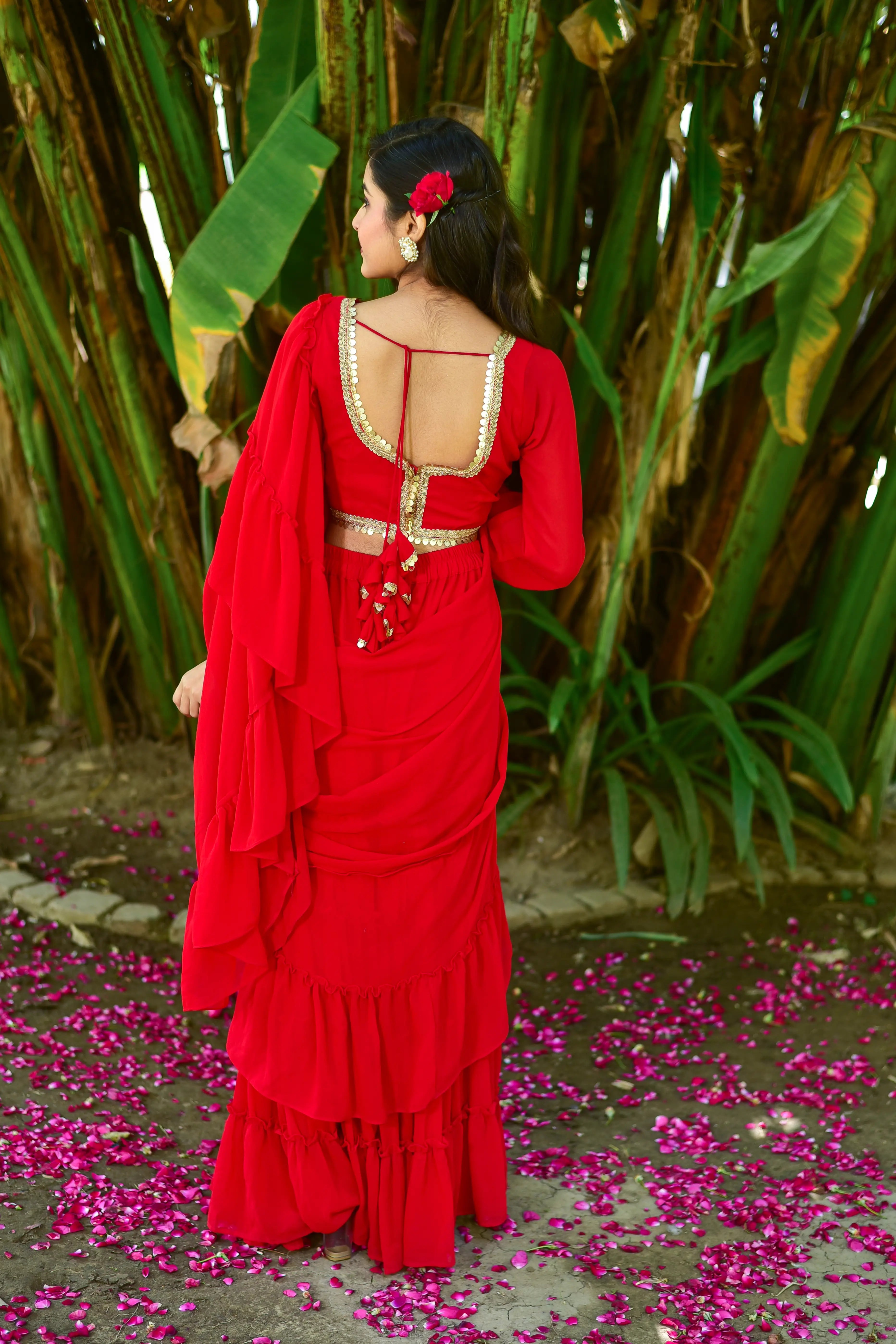 Regal Red Georgette Sharara Saree Set