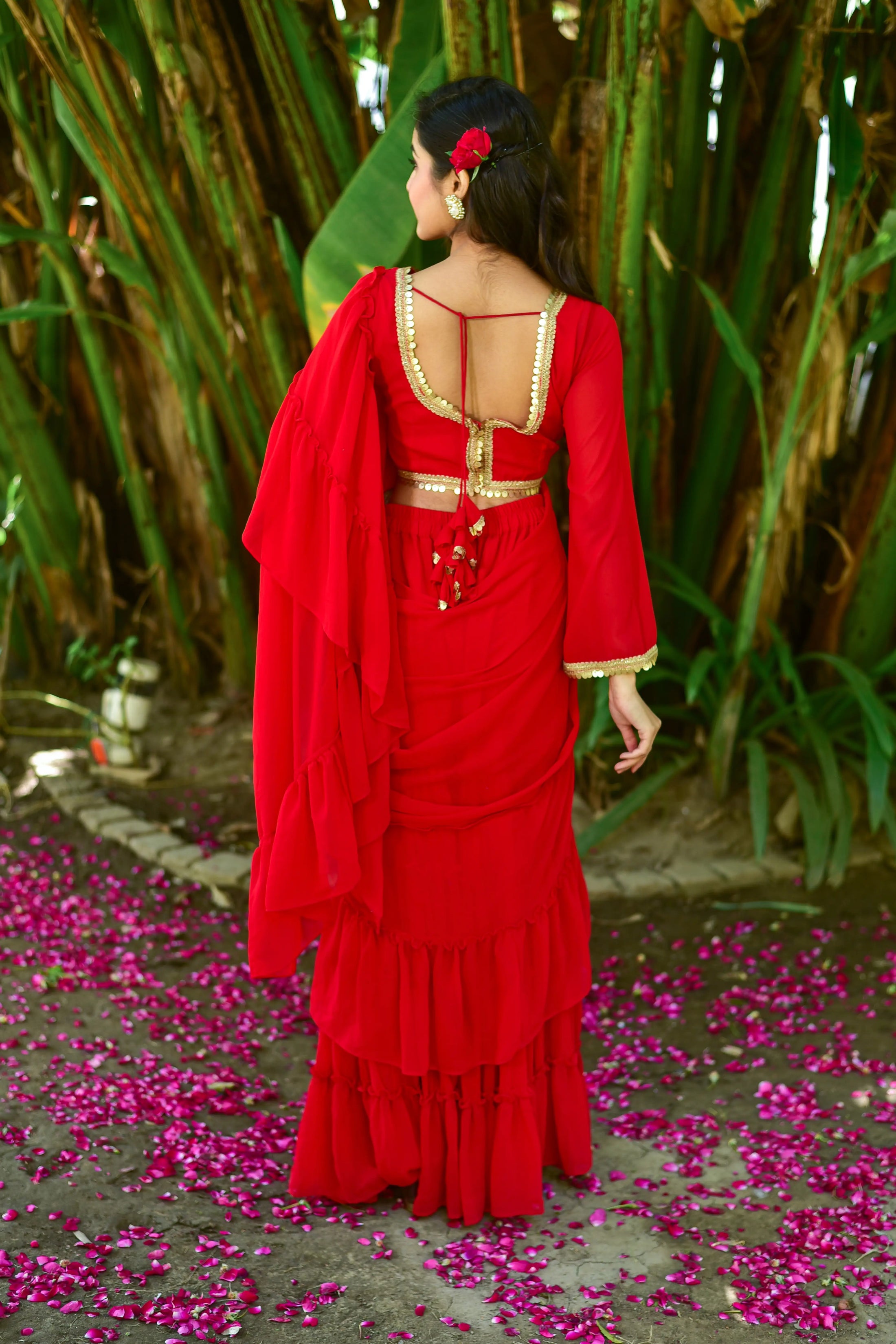 Regal Red Georgette Sharara Saree Set