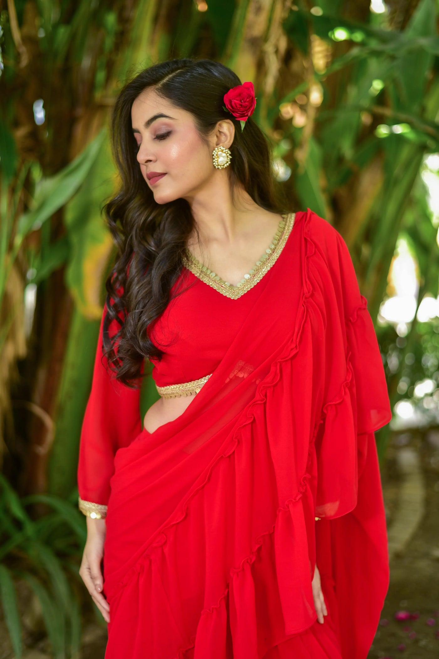 Regal Red Georgette Sharara Saree Set