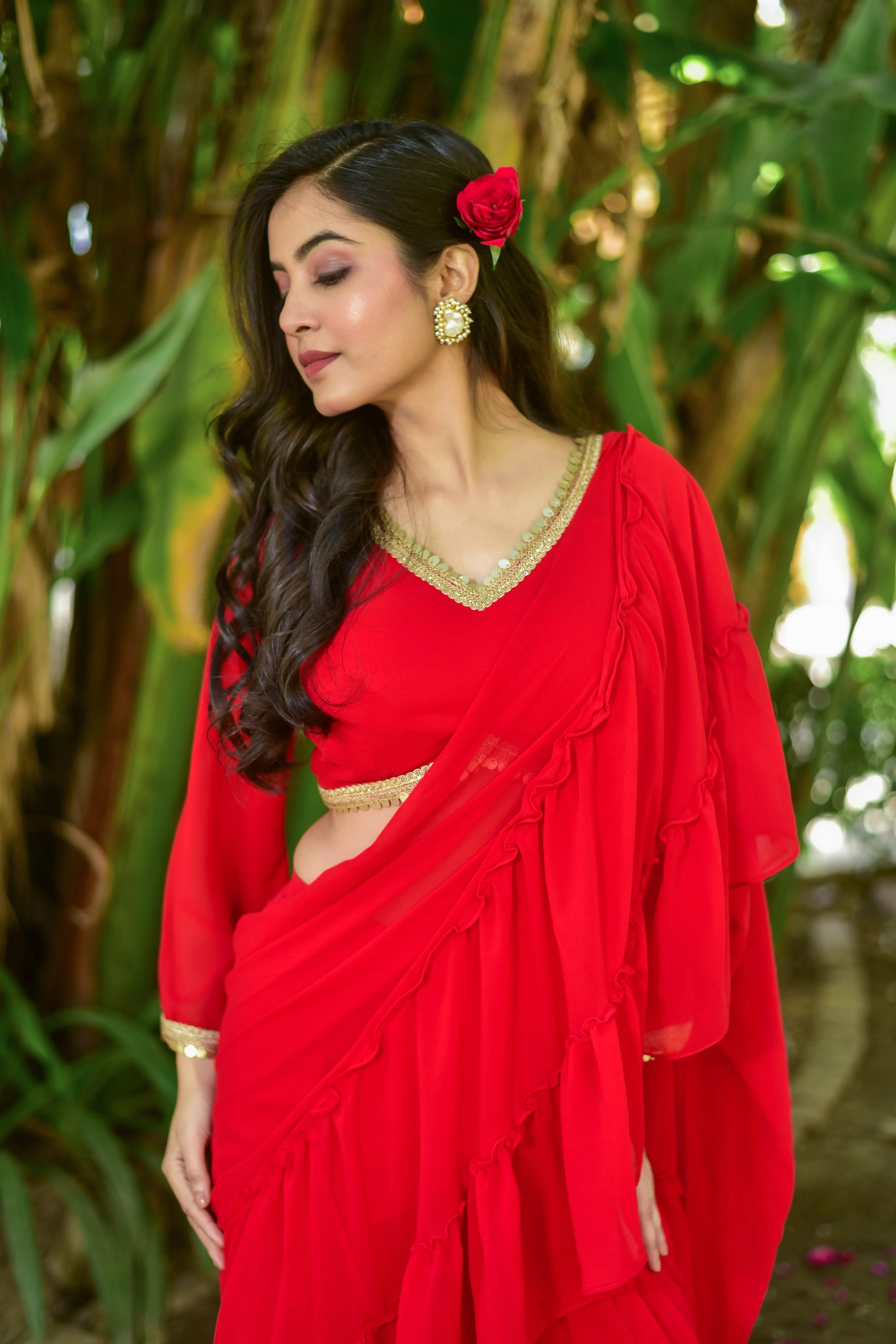 Regal Red Georgette Sharara Saree Set