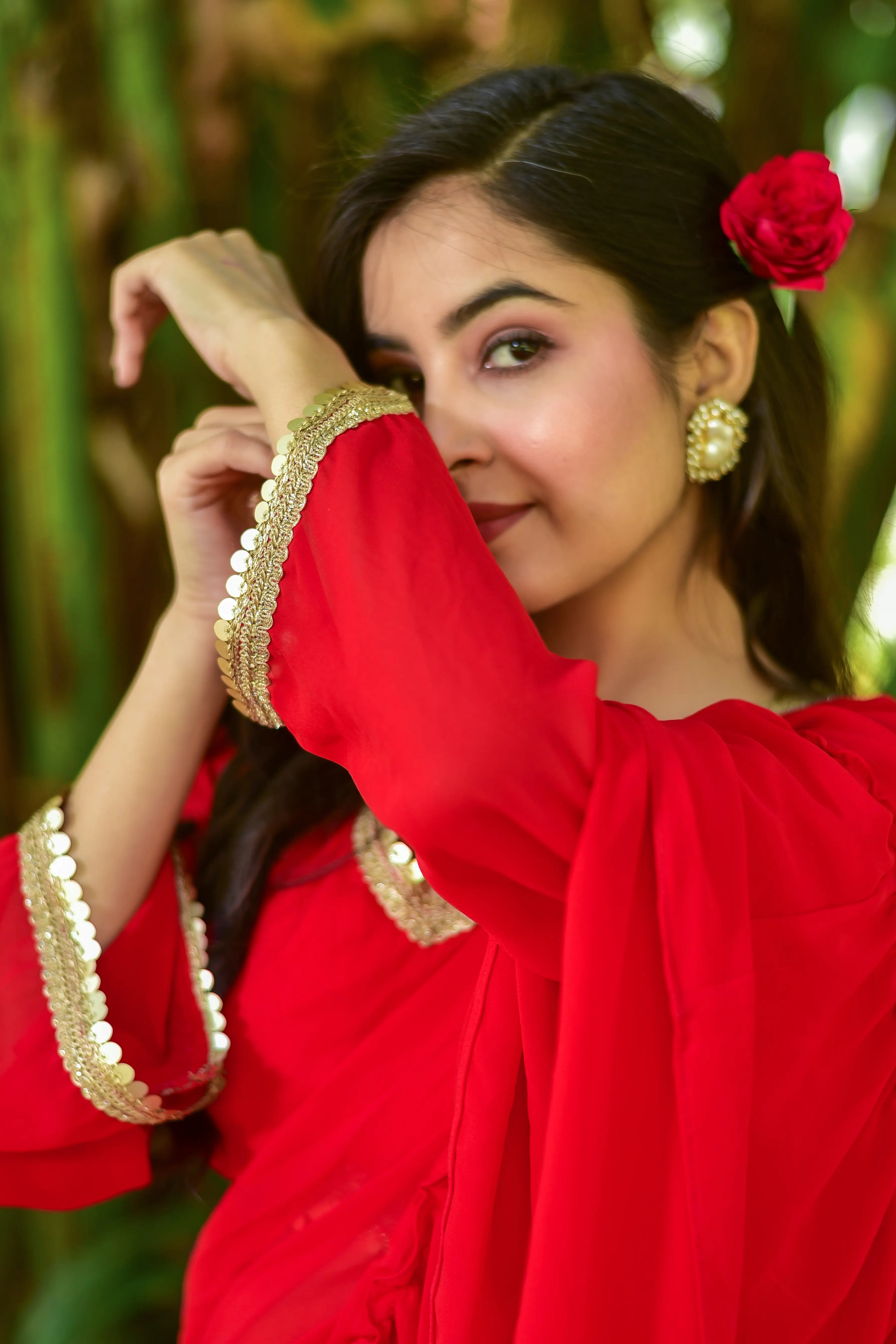 Regal Red Georgette Sharara Saree Set