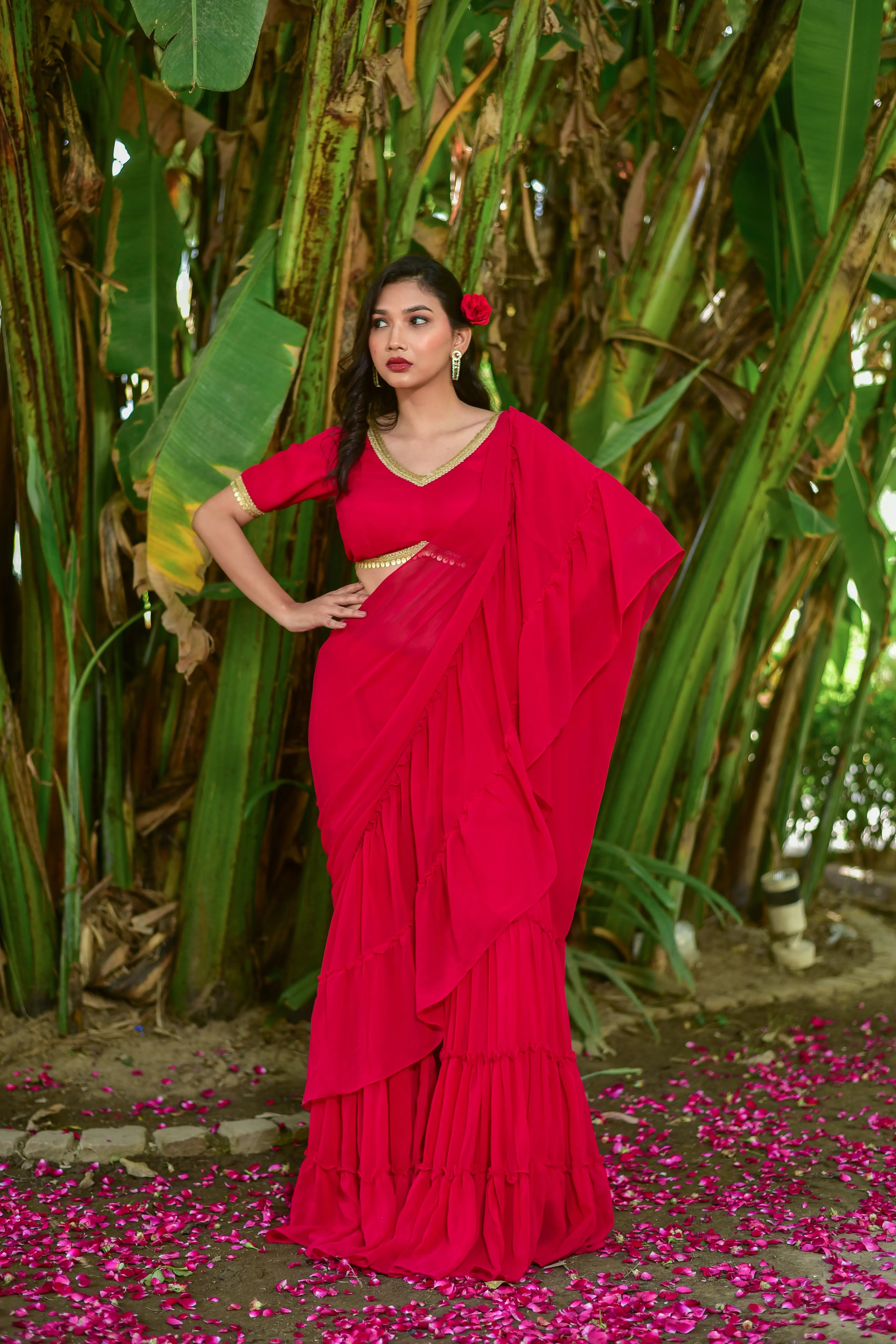 Bottle Green Georgette Sharara Saree Set