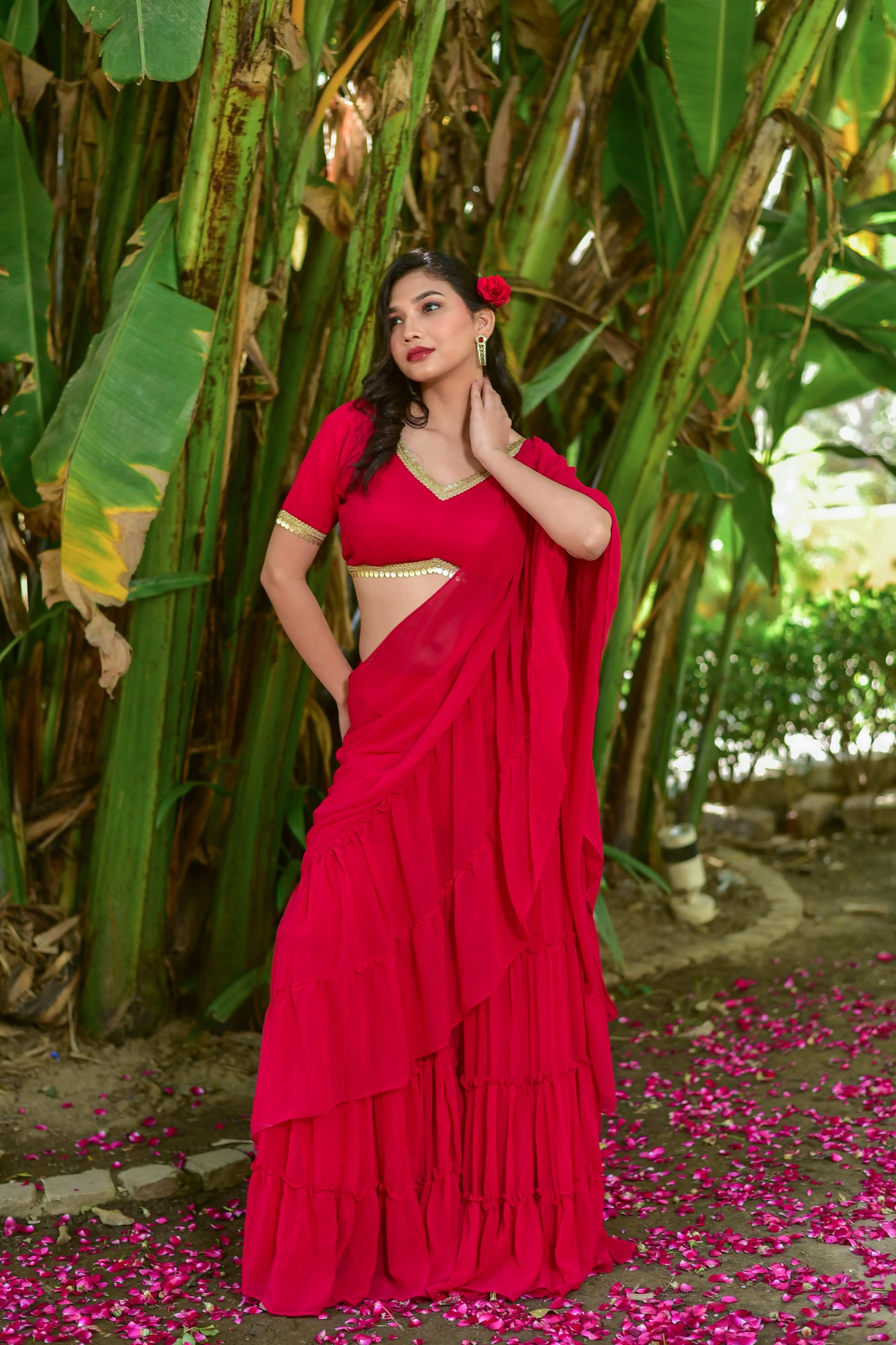 Bottle Green Georgette Sharara Saree Set