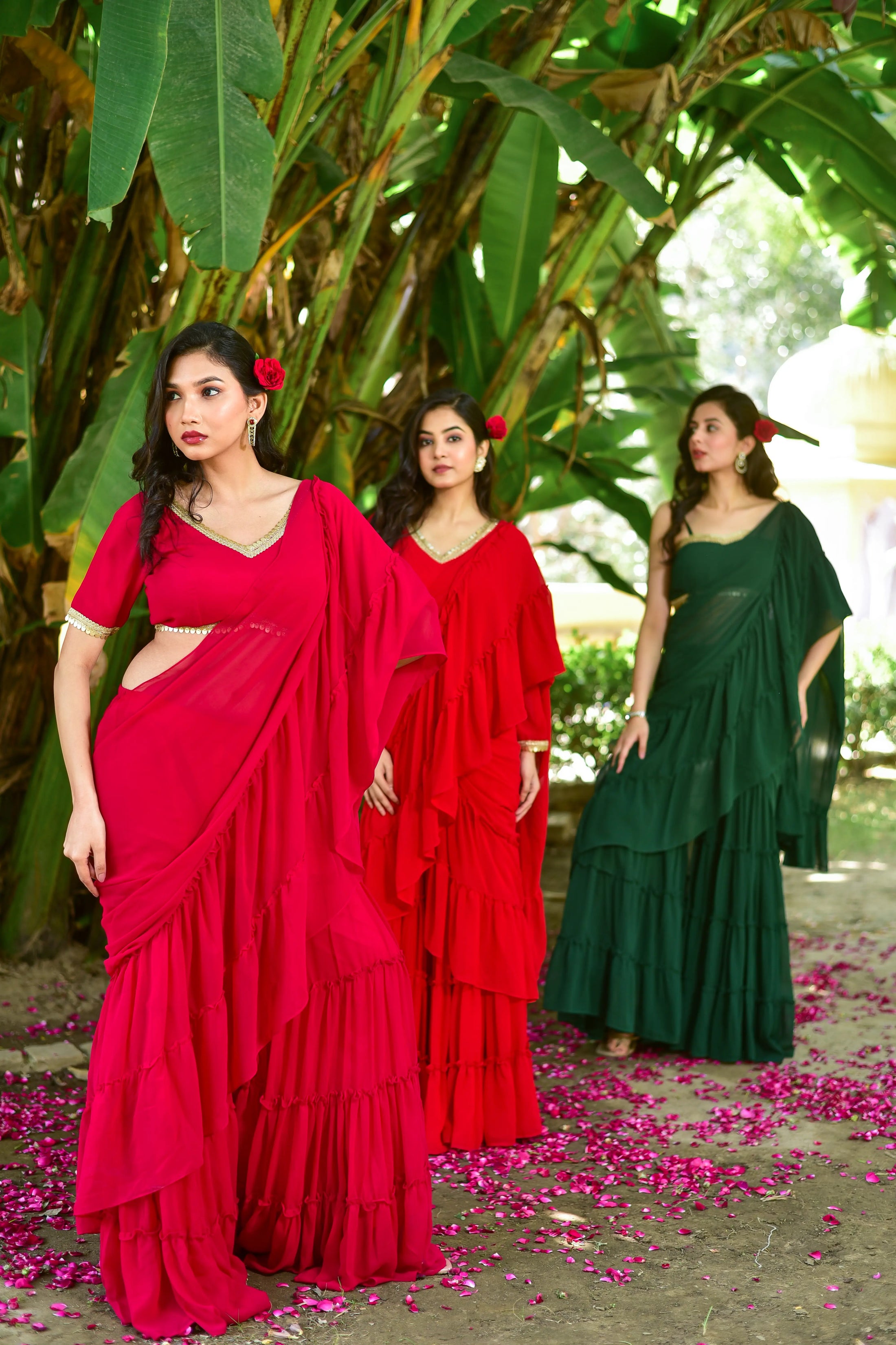Bottle Green Georgette Sharara Saree Set
