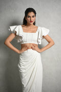 White Asymmetric Drape Midi Skirt - Italian Crepe Elegant Women's Skirt