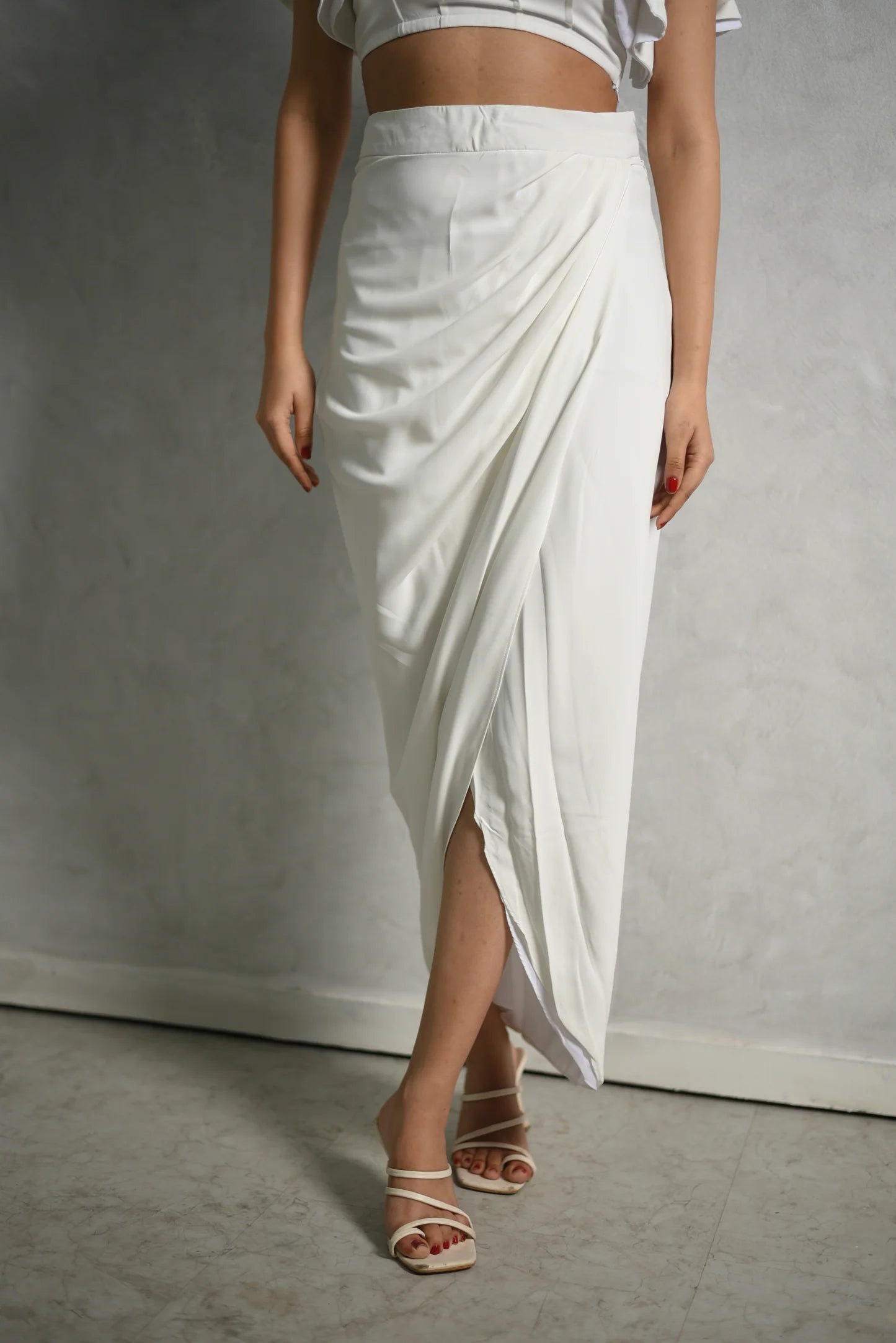 White Asymmetric Drape Midi Skirt - Italian Crepe Elegant Women's Skirt - Luxury Fashion by Saroj Jain - View 3
