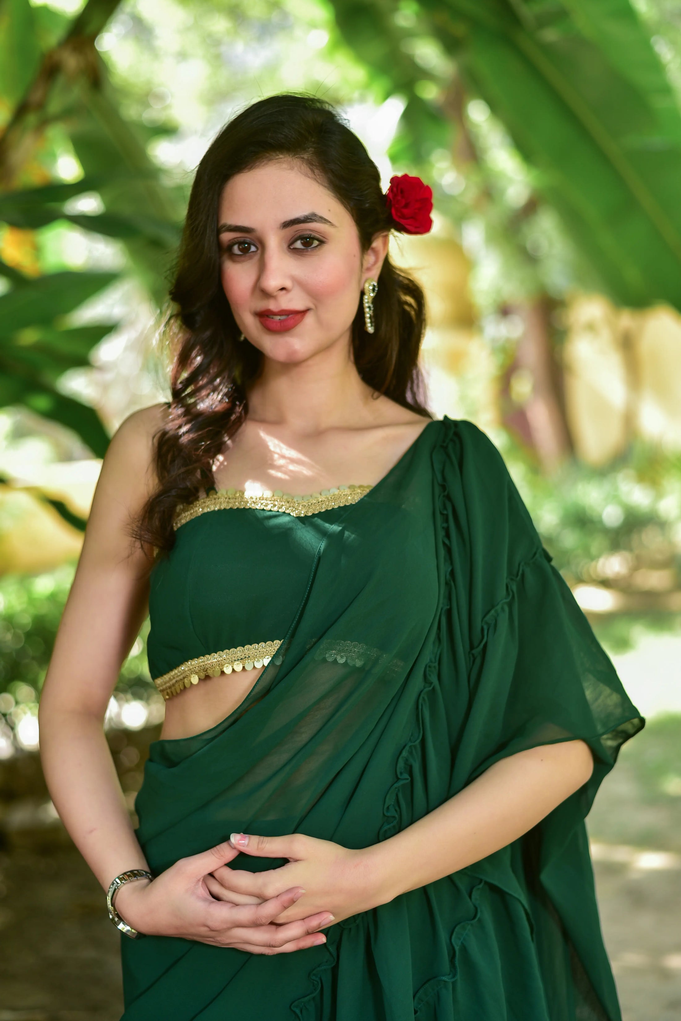 Bottle Green Georgette Sharara Saree Set