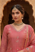 Pink Embroidered Unstitched Chanderi Kurta Set with Dupatta