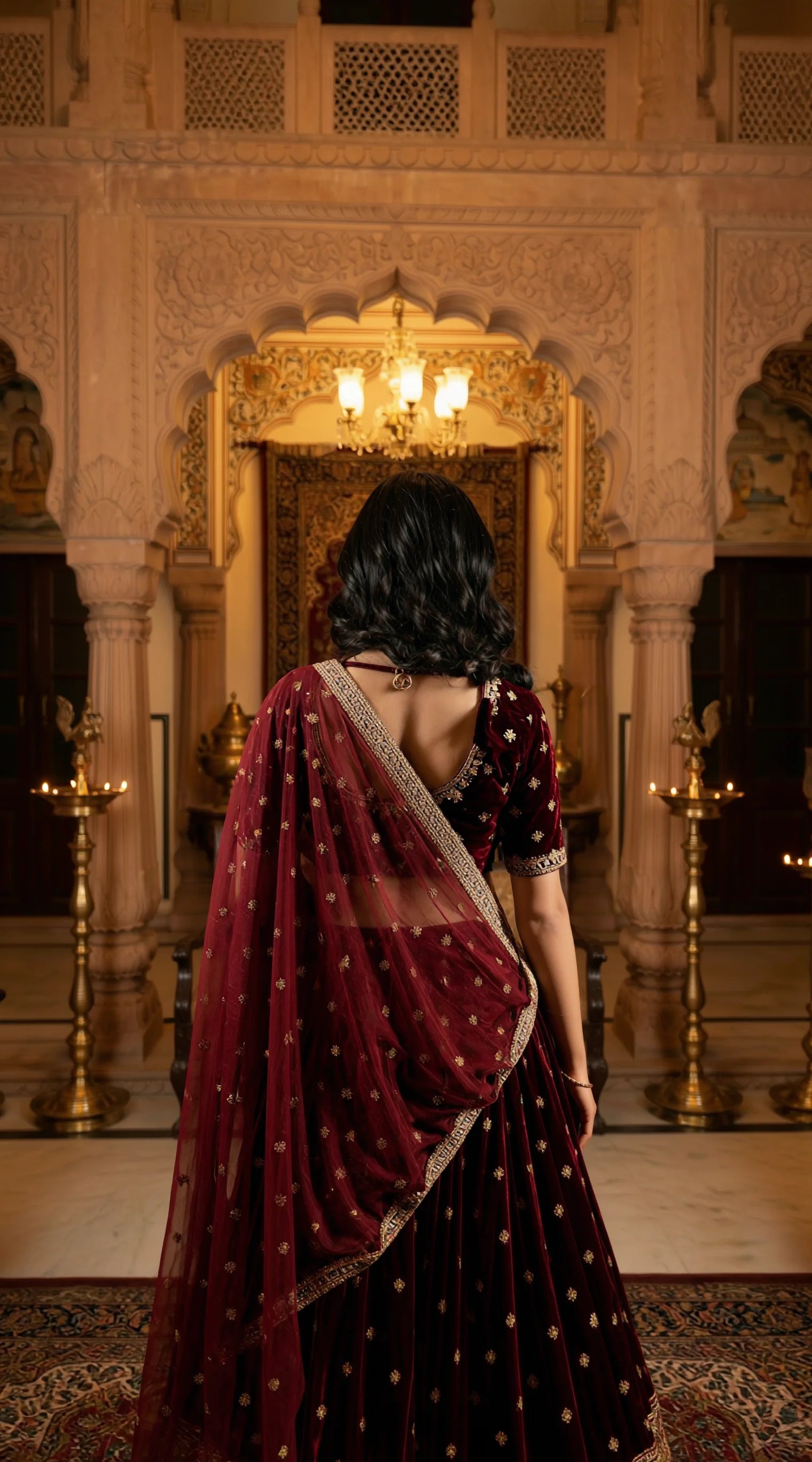 Festive maroon velvet lehenga set with embroidered hem and coordinated dupatta.