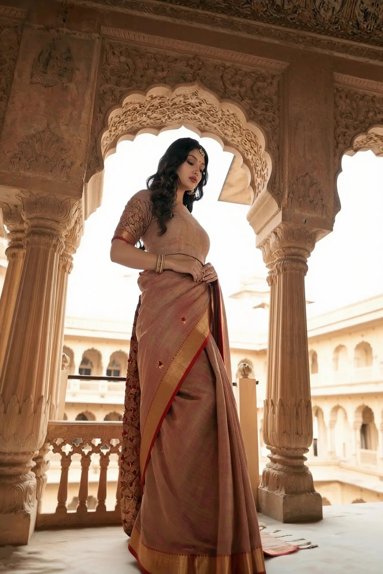 Elegant Copper Rust Crush Tissue Saree with Embroidery