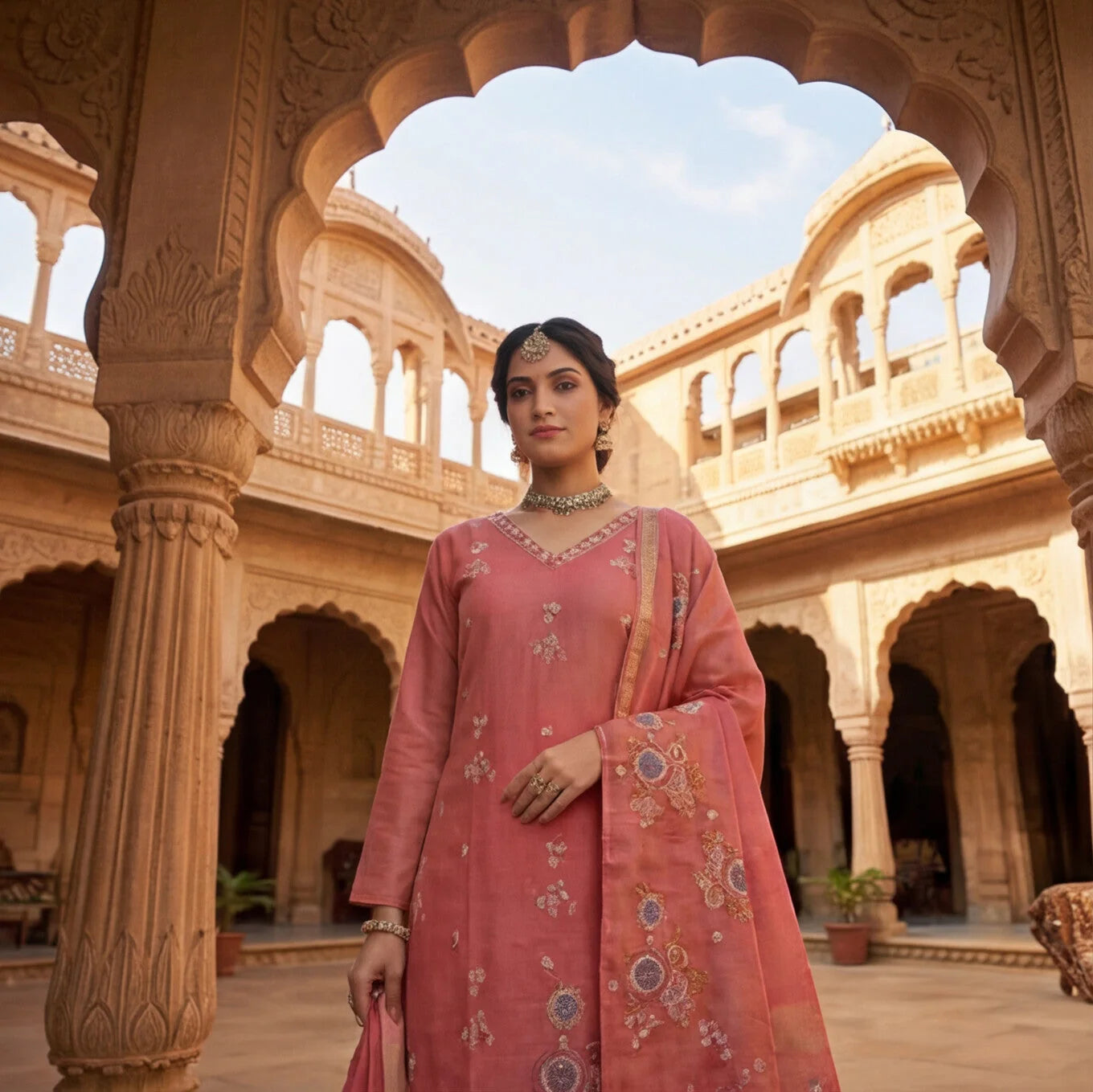Pink Embroidered Unstitched Chanderi Kurta Set with Dupatta