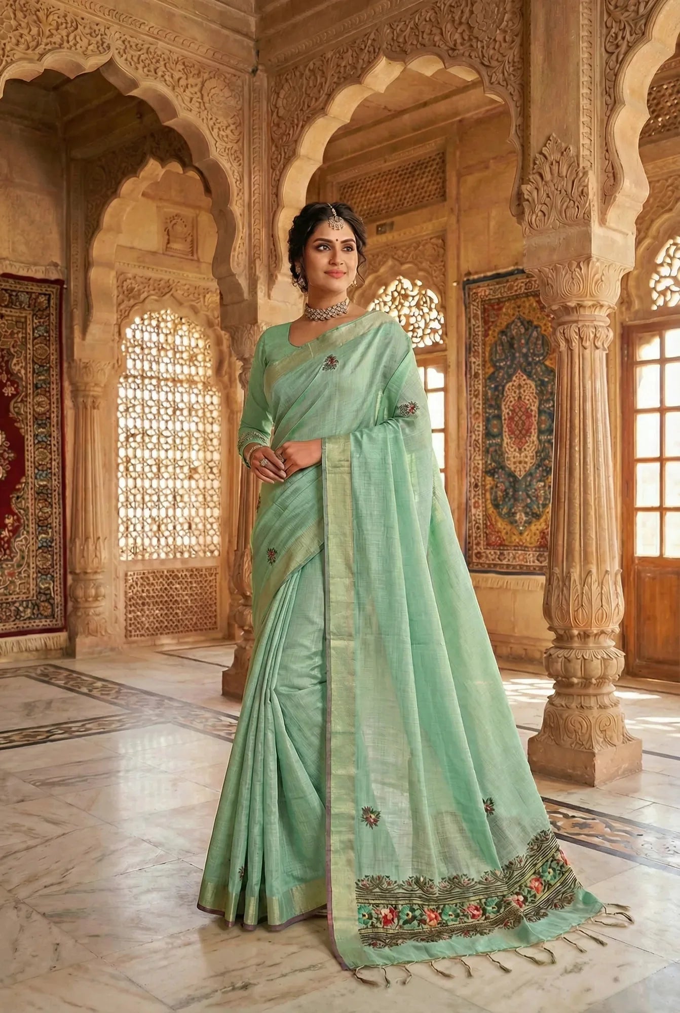 Ethereal Sea Green Soft Tissue Saree