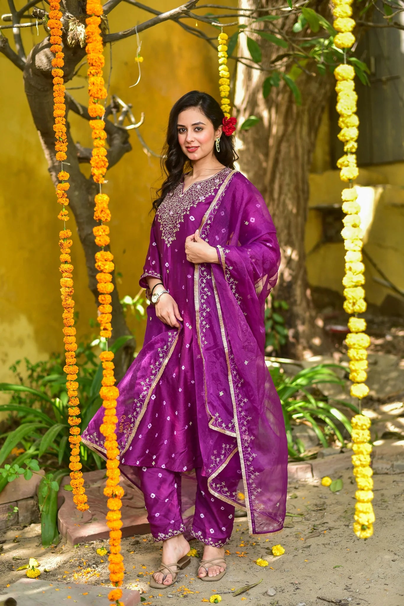 Violet Bandhej Kurta Set