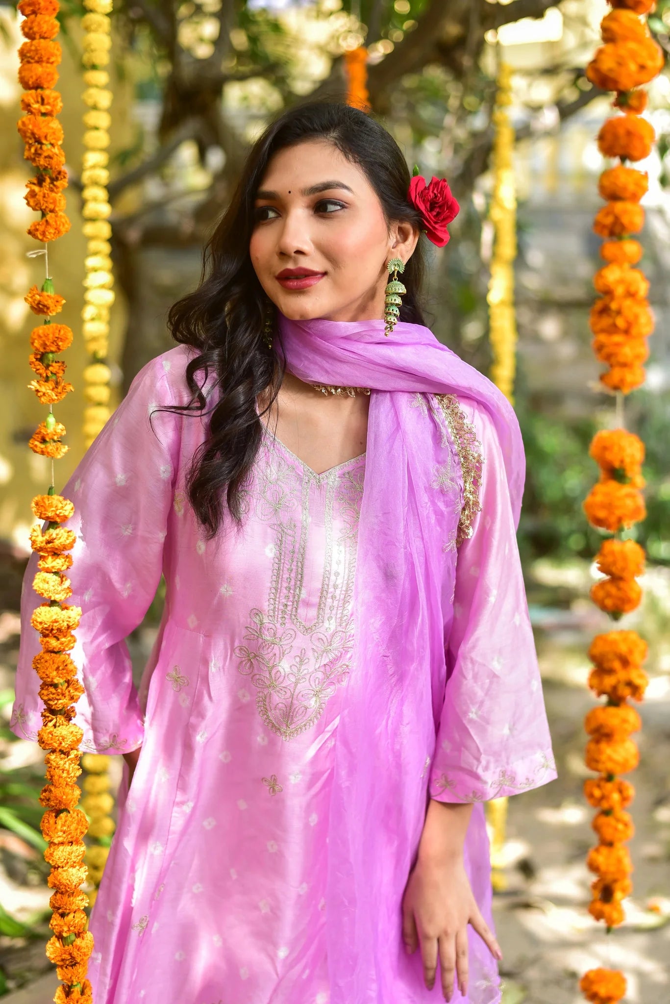 Baby Pink Bandhej Kurta Set - Luxury Fashion by Saroj Jain - View 6