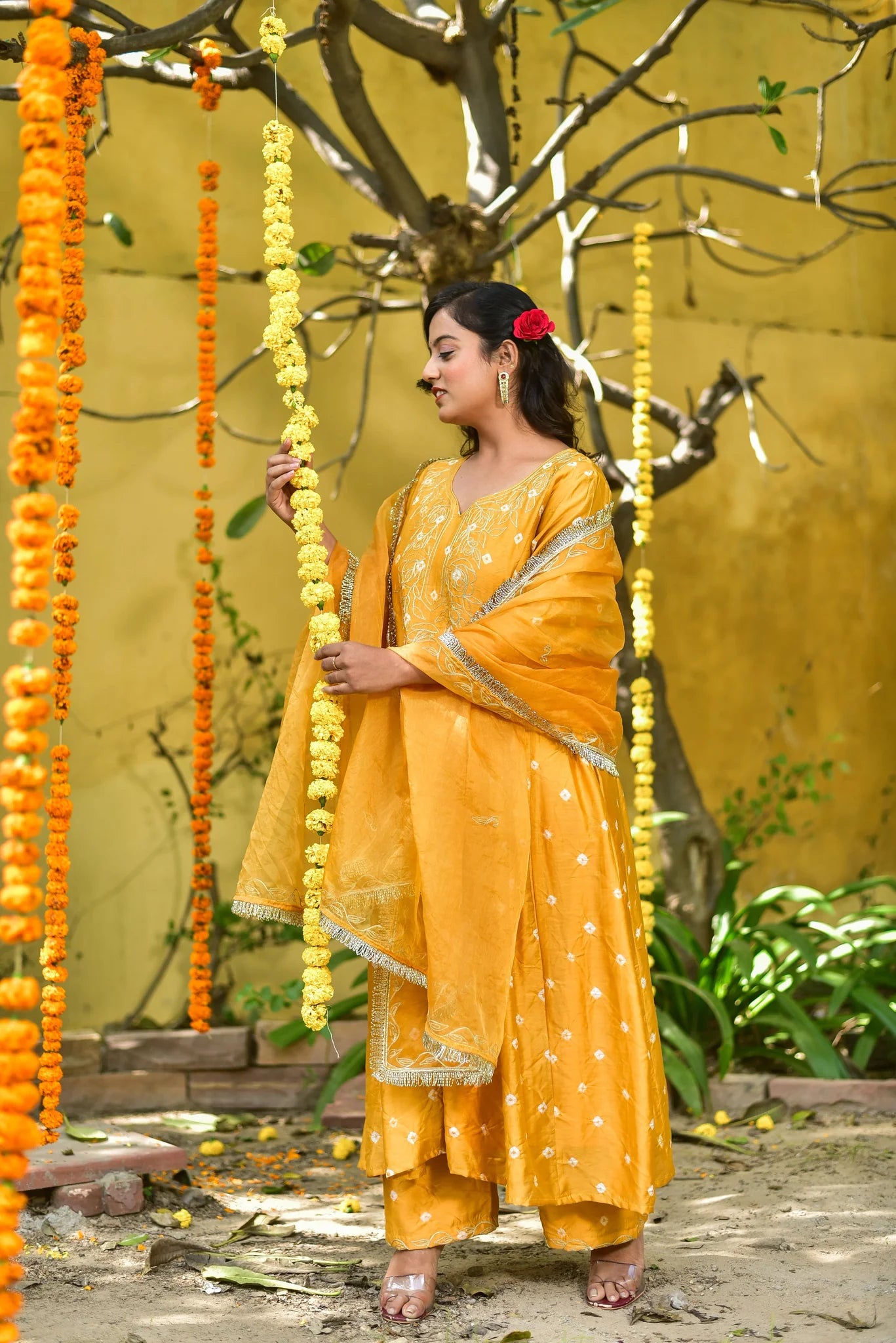Mustard Yellow Bhandej Kurta And Pant Set