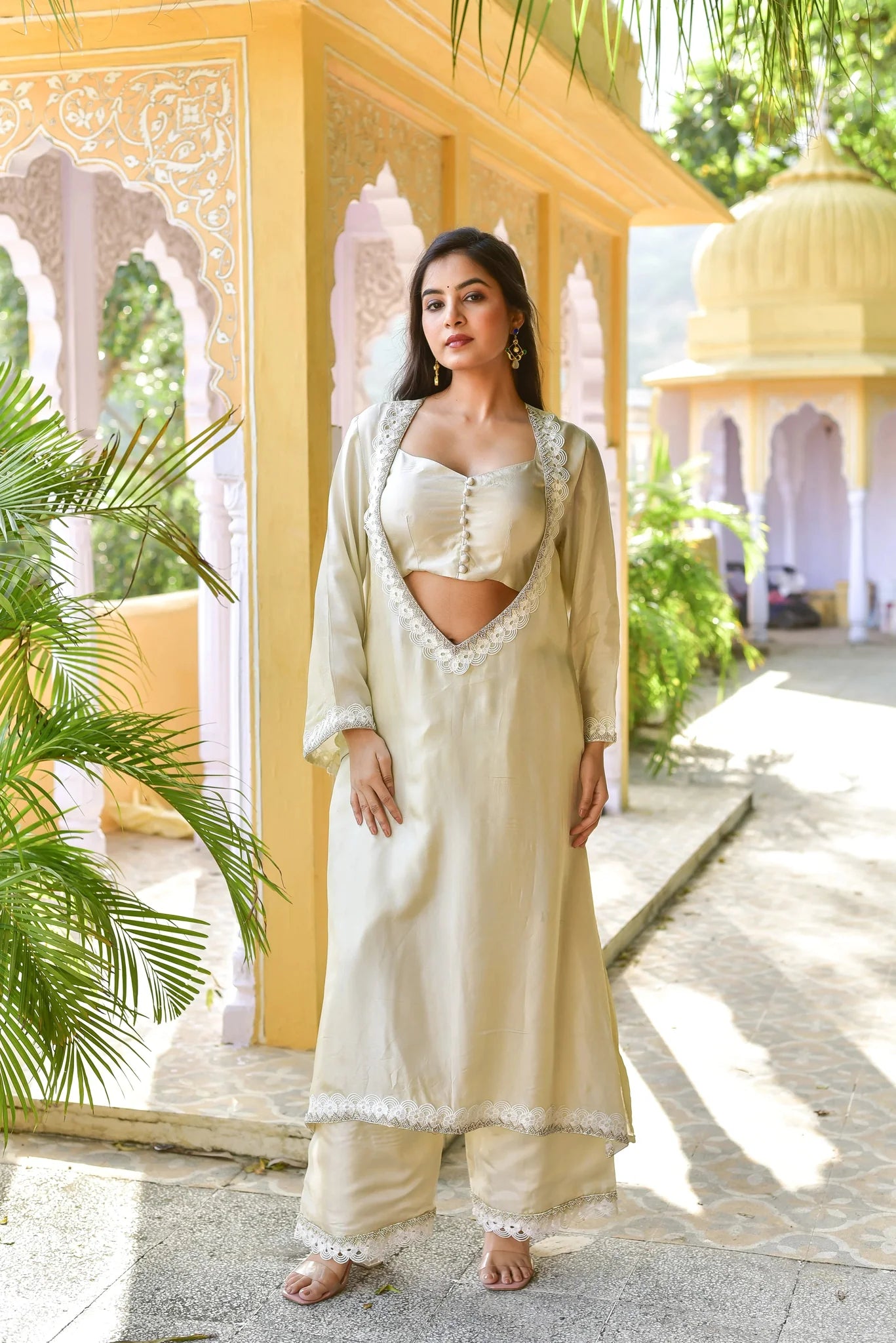 Ivory Silk Blend Angrakha Set with Lace Work