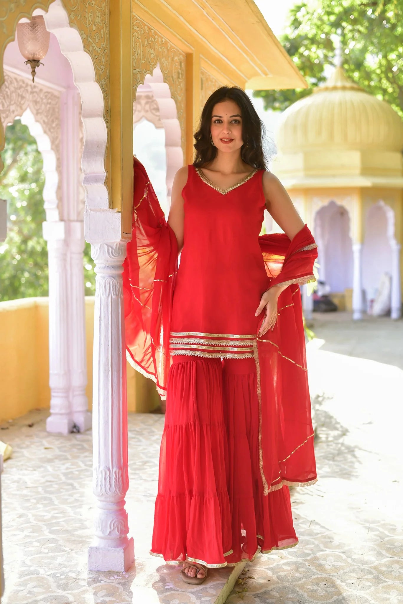 Hot Red Gotta Kurta & Sharara Set
