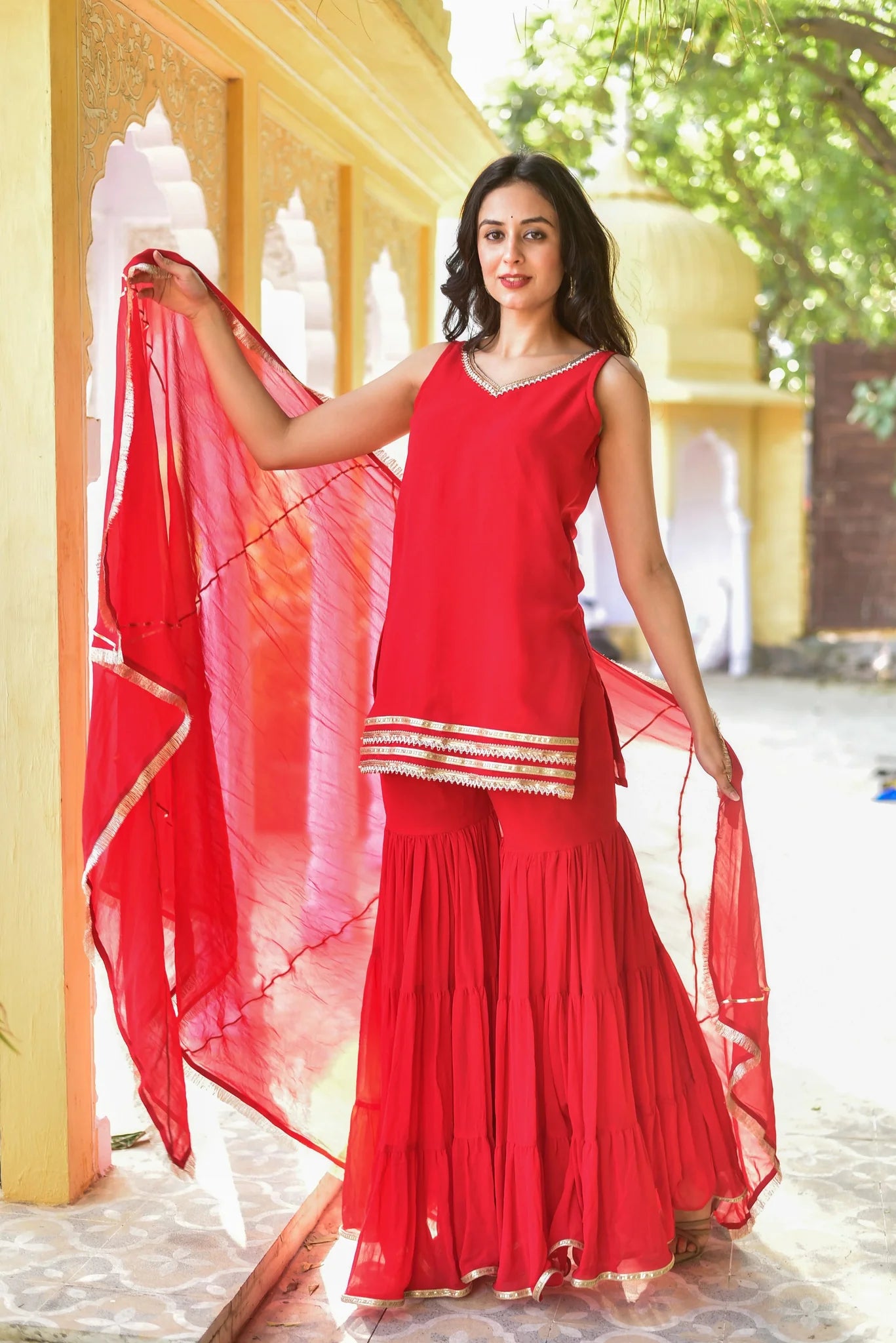 Hot Red Gotta Kurta & Sharara Set