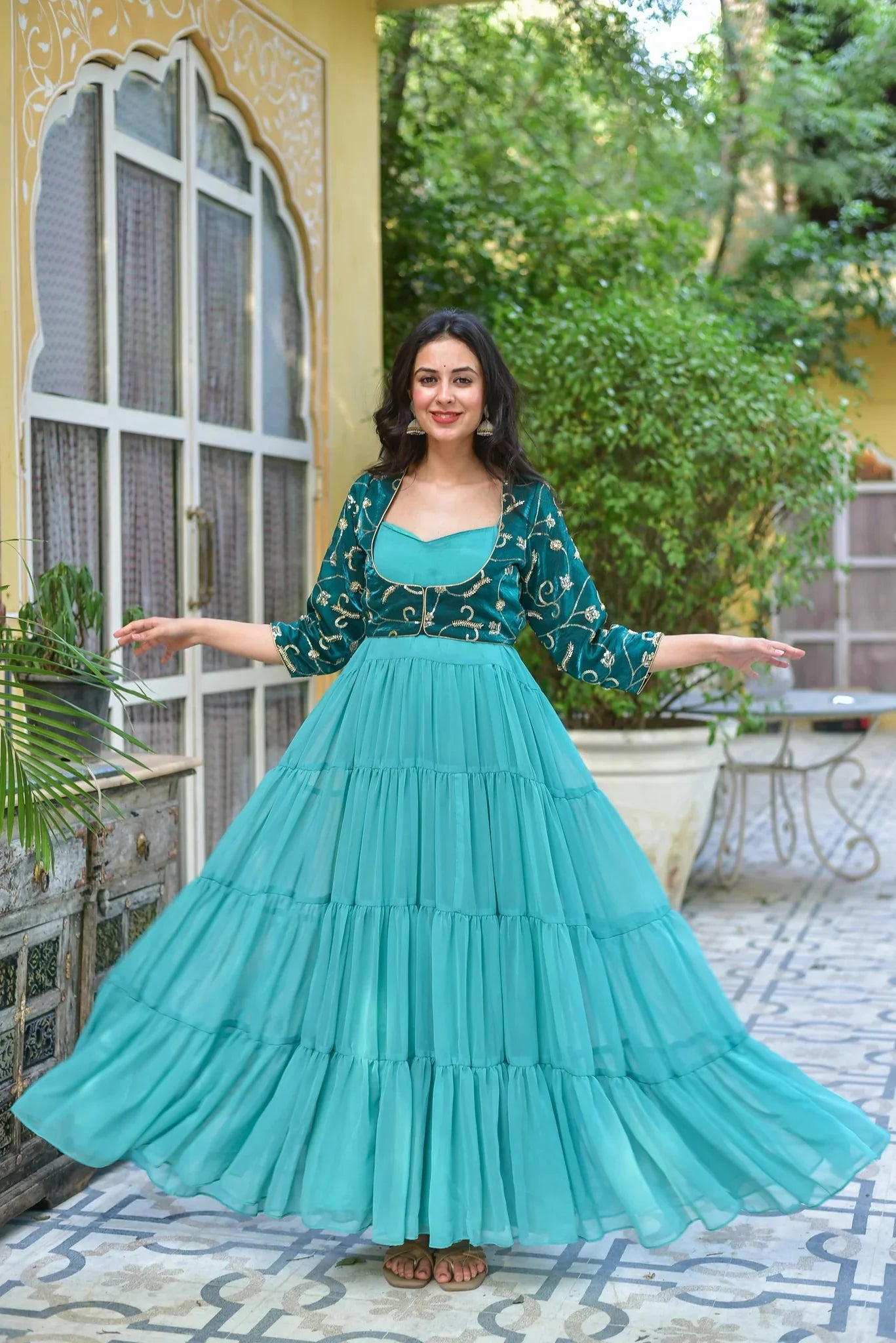 Stunning Tiered Dress with Jacket - Green