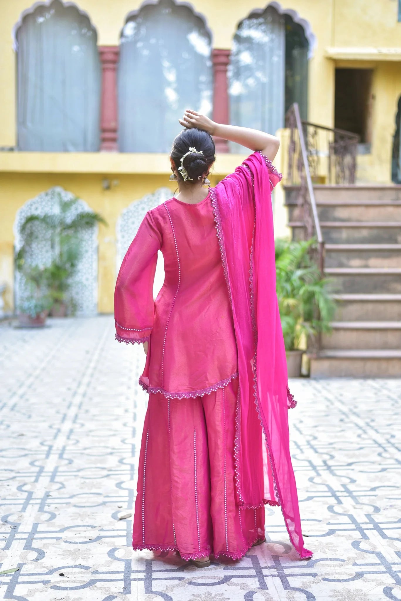Pink Zari Silk Kurta Sharara Set