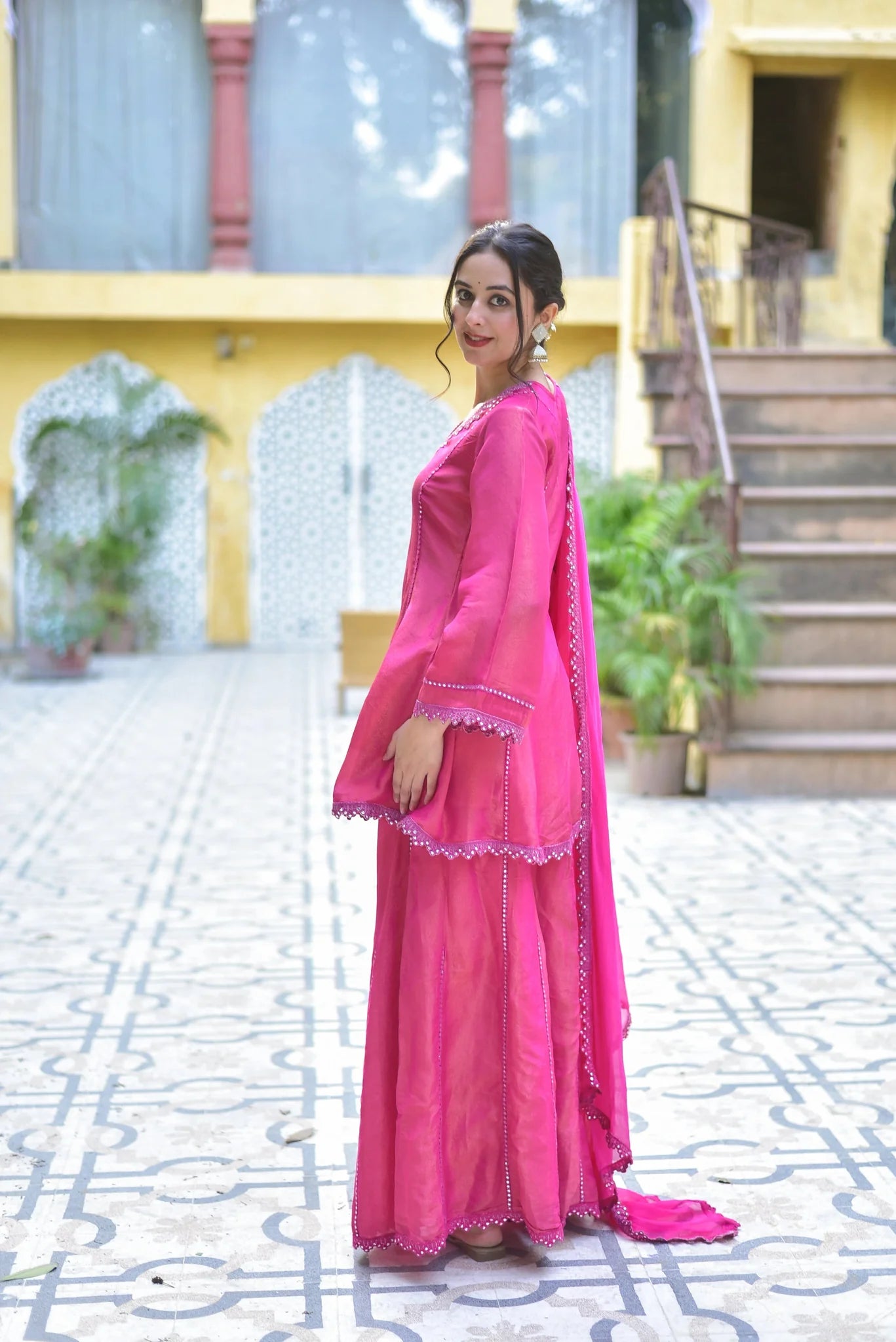 Pink Zari Silk Kurta Sharara Set