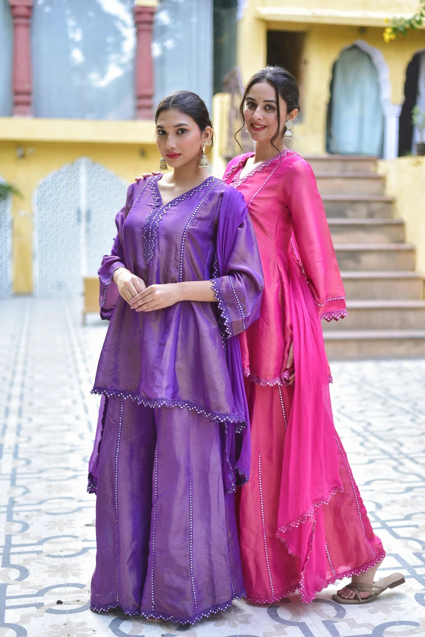 Pink Zari Silk Kurta Sharara Set