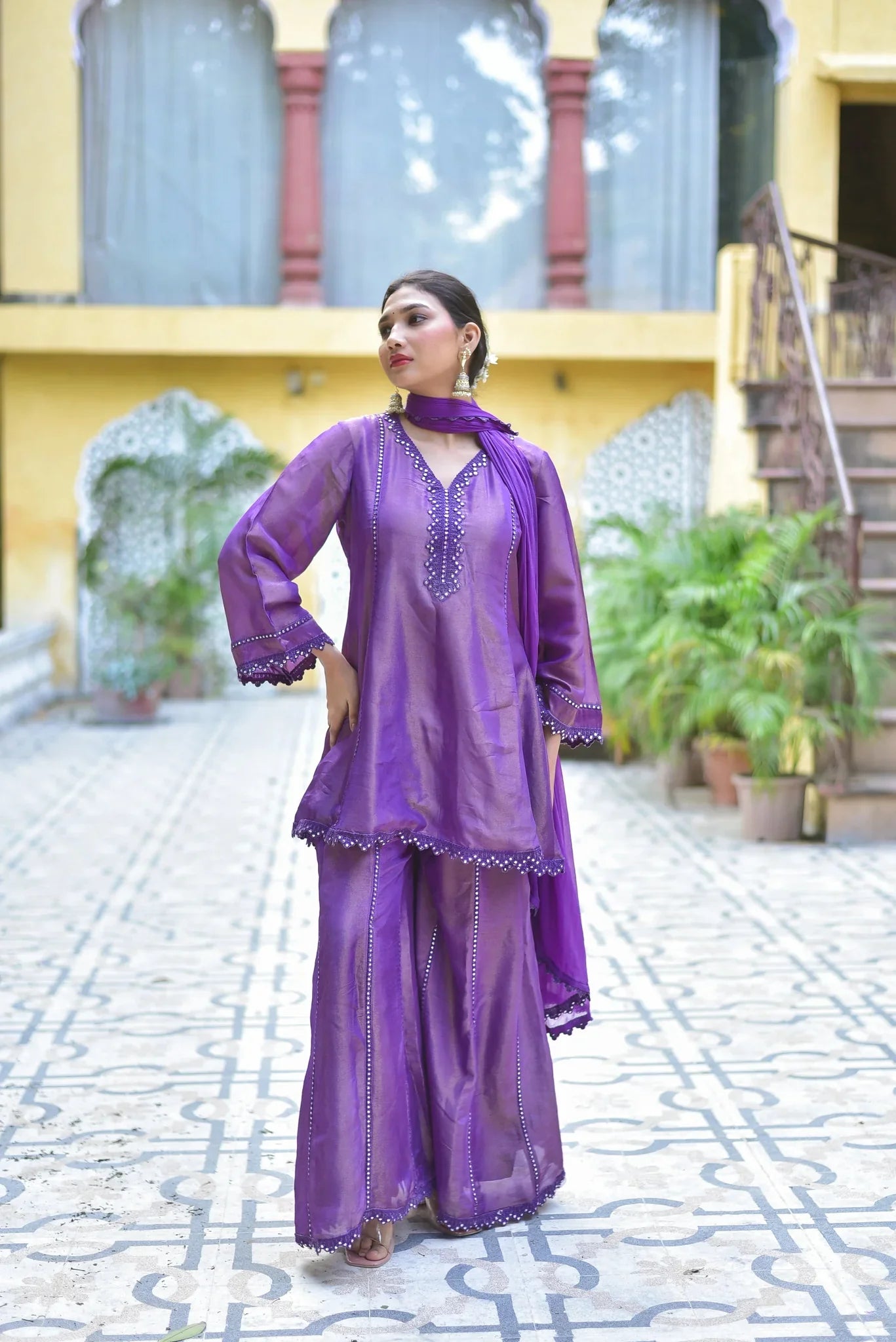 Zari Silk Kurta Sharara Set - Purple