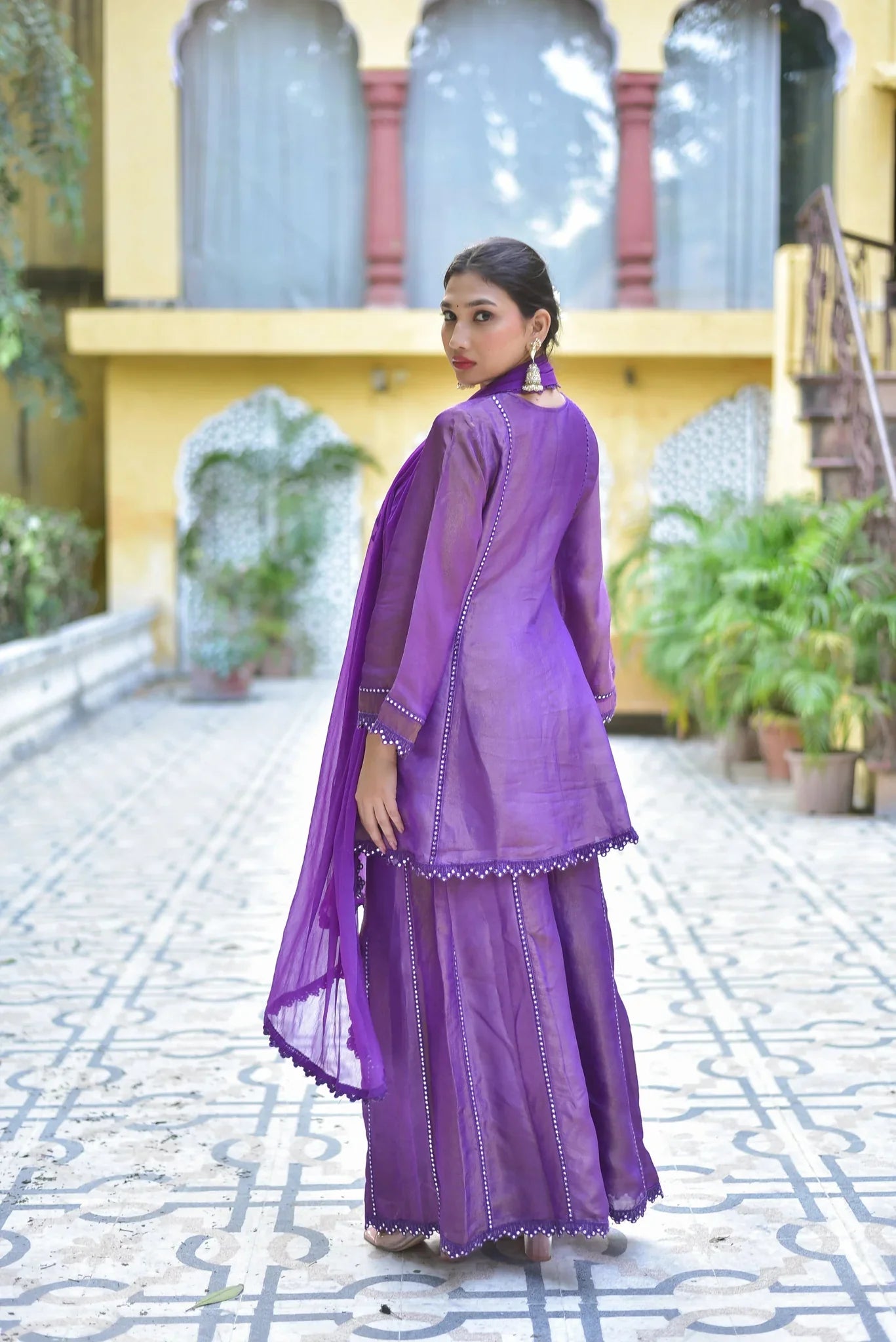 Zari Silk Kurta Sharara Set - Purple