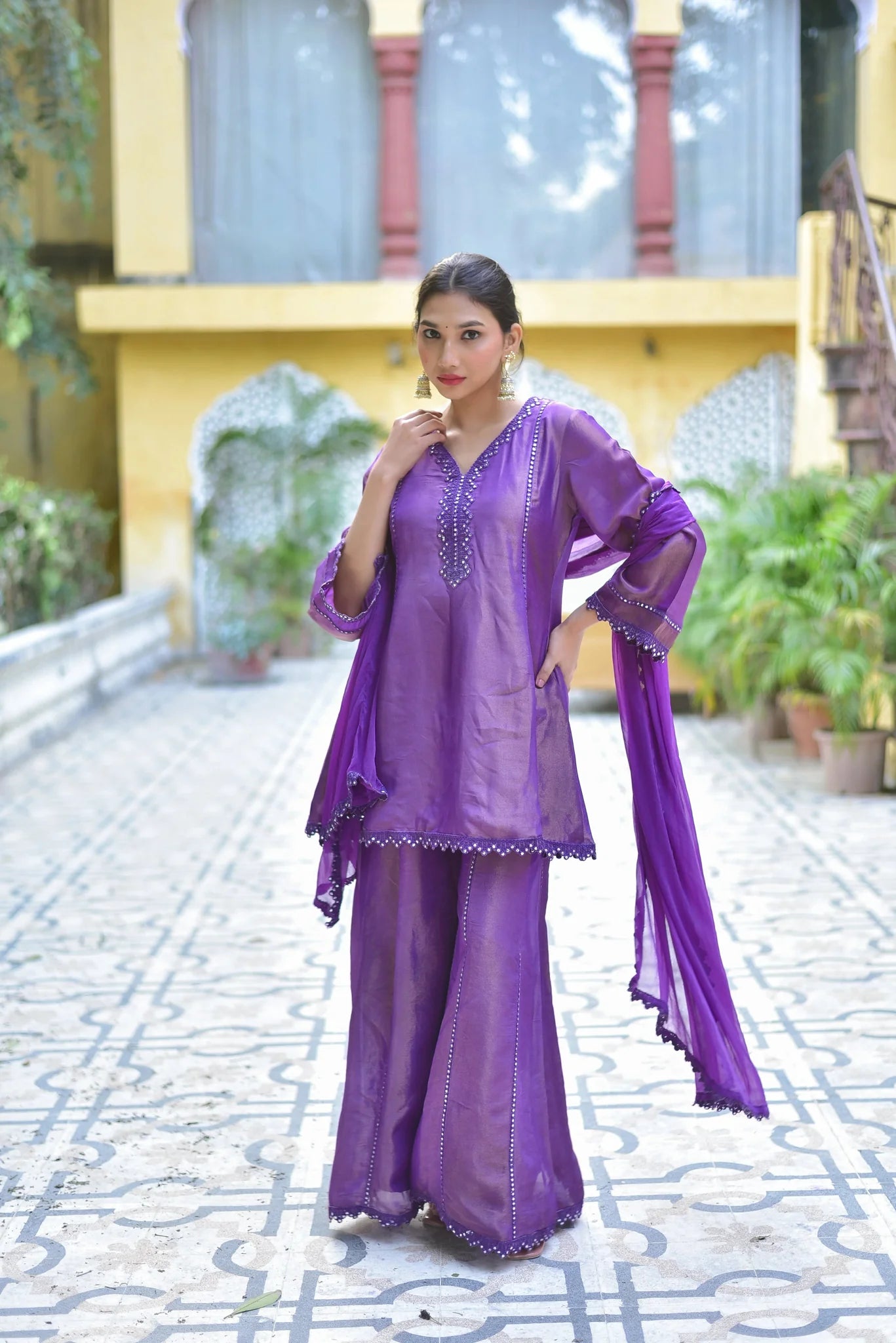 Purple Zari Silk Kurta Sharara Set