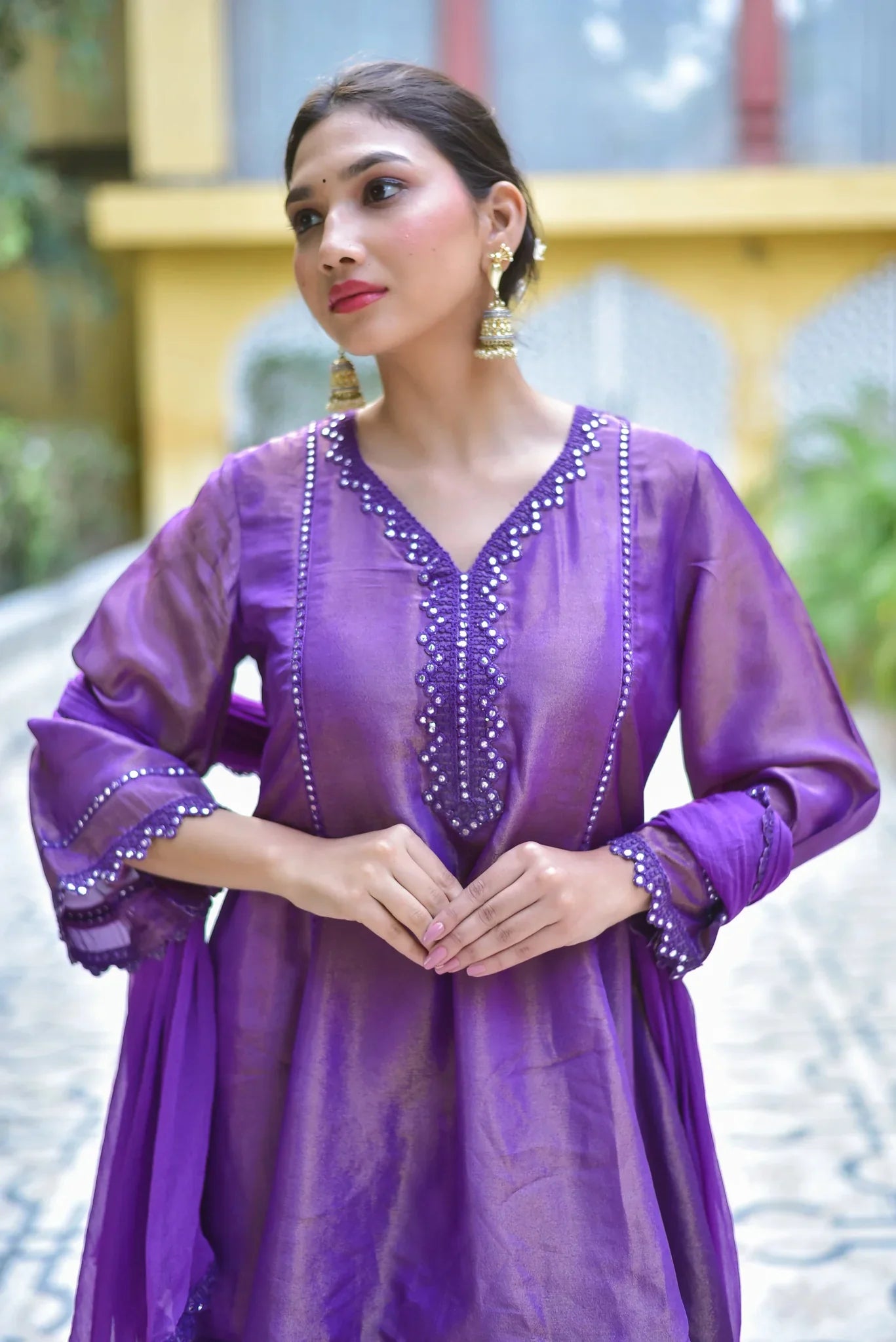 Zari Silk Kurta Sharara Set - Purple