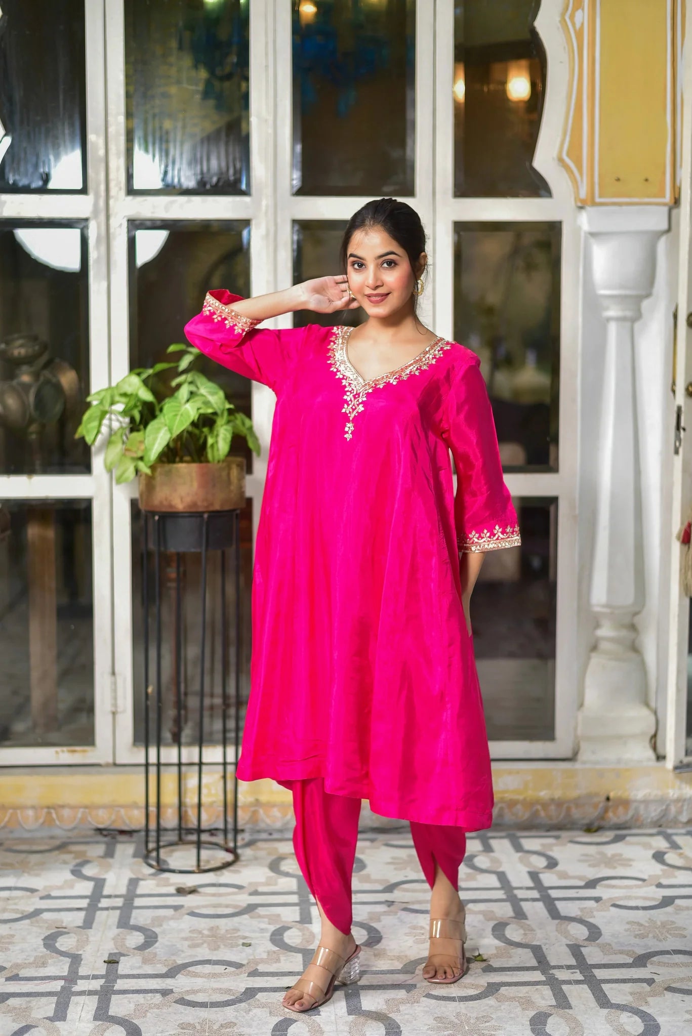 Rani Pink Punjabi Style Kurta & Dhoti Set