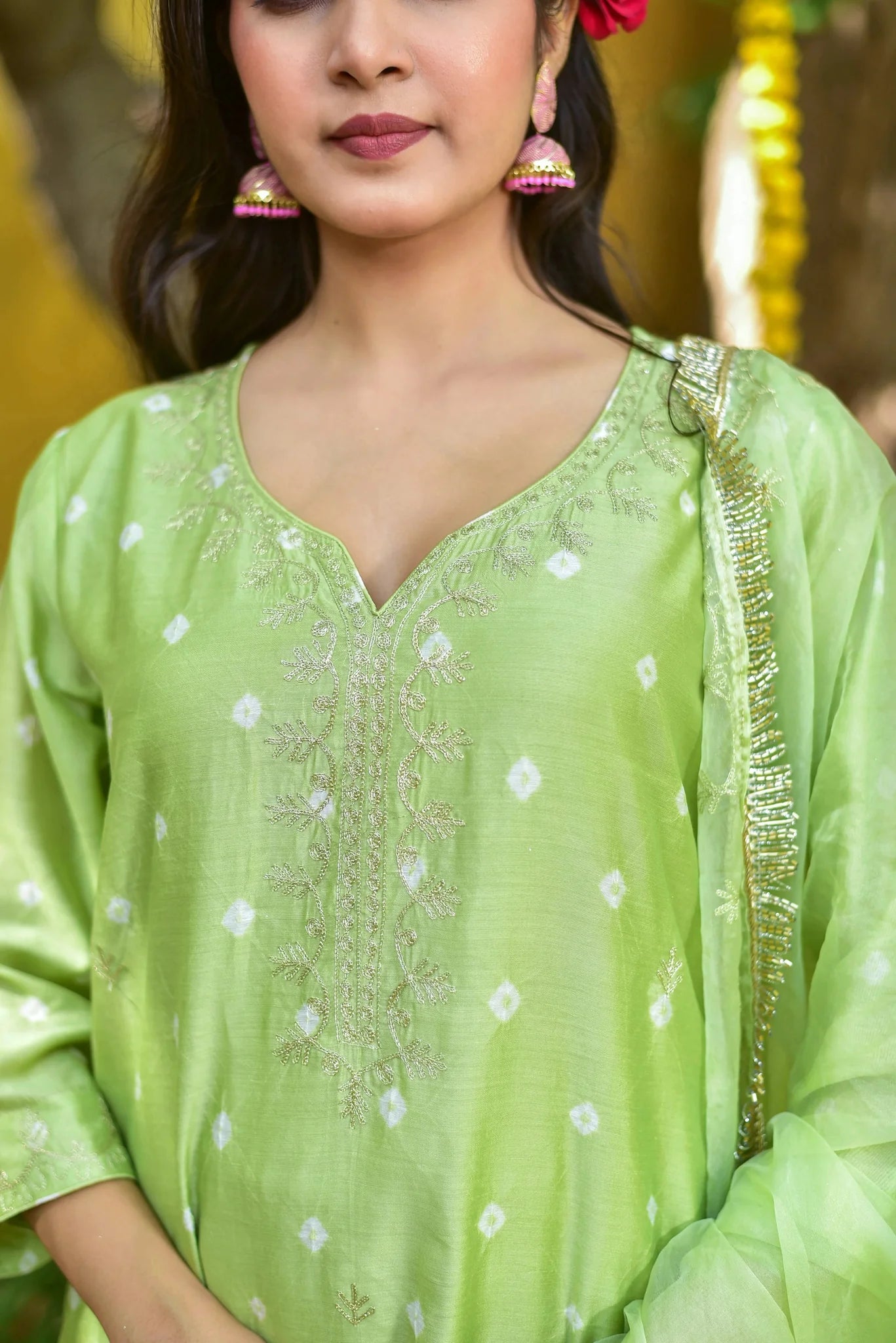 Green Bandhej A-Line Kurta Set