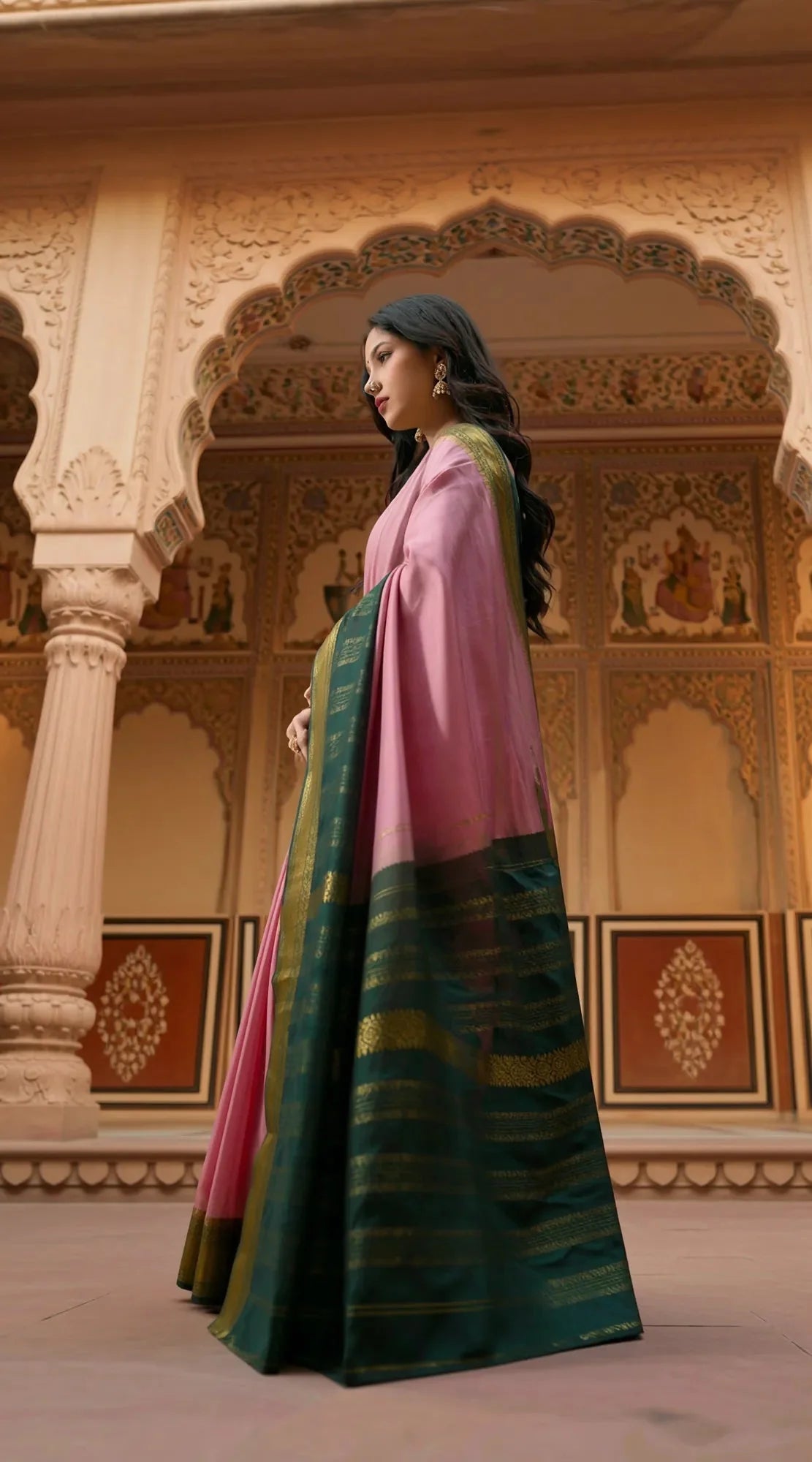 Elegant Pink Crape Georgette Saree with Green Border