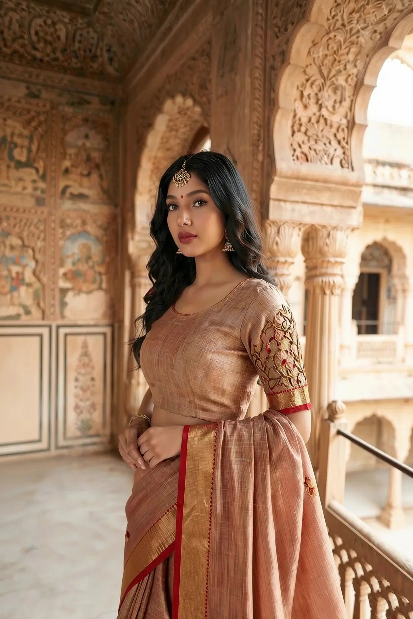 Elegant Copper Rust Crush Tissue Saree with Embroidery