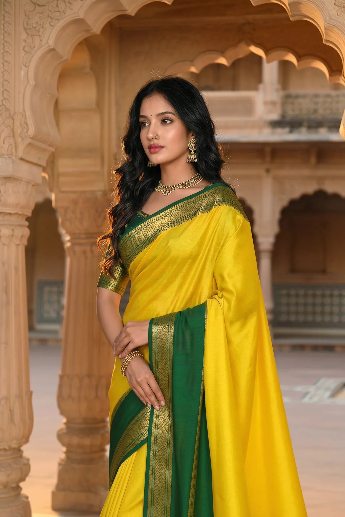 Elegant Crape Georgette Saree in Vibrant Yellow with Green Zari Border