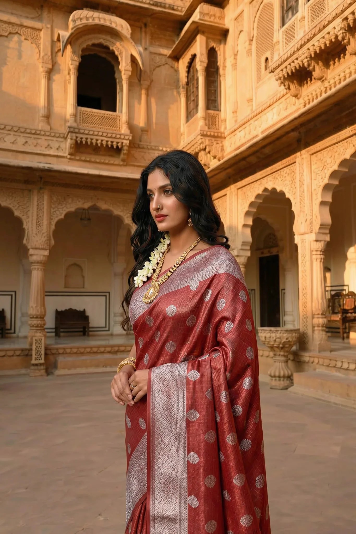 Elegant Crush Tissue Saree in Rust with Silver Zari