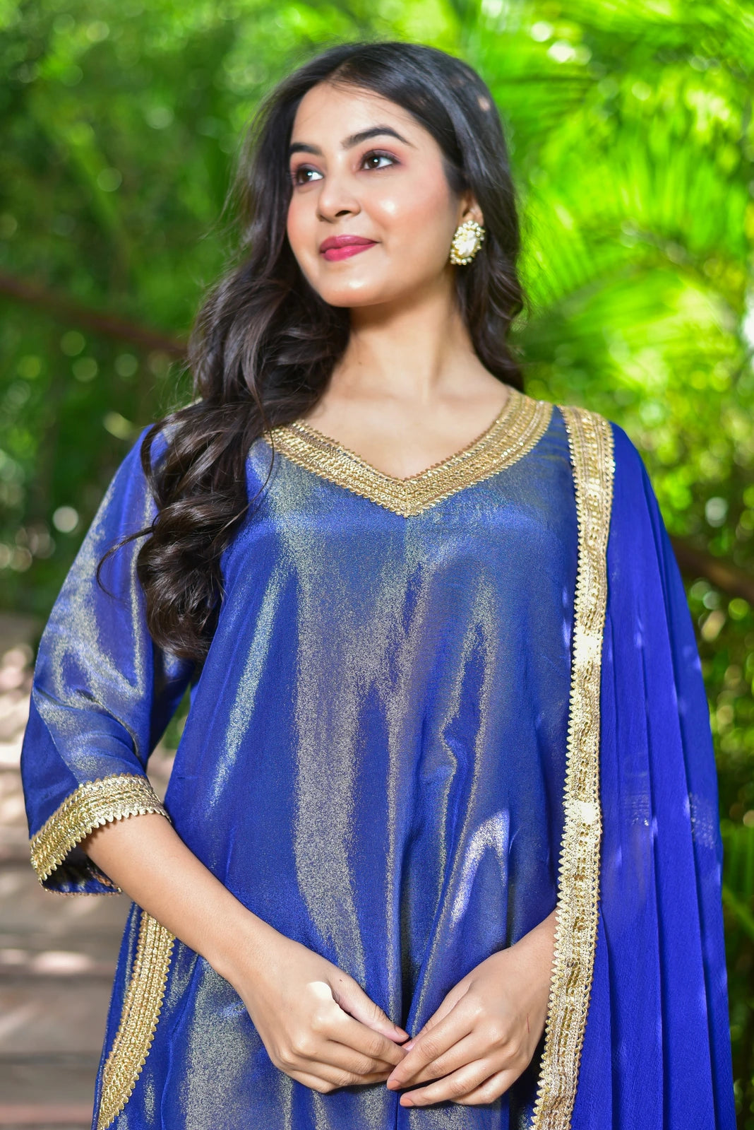 The Ocean Pearl Kurta Set - A Luxurious 3-Piece Ensemble with Exquisite Gold Lace Work and Rich Zari Silk Fabric. Perfect for Festive Celebrations and Special Occasions, This Stunning Set Features a Unique Combination of Style and Elegance, Making it a Must-Have for Any Fashion-Conscious Individual.