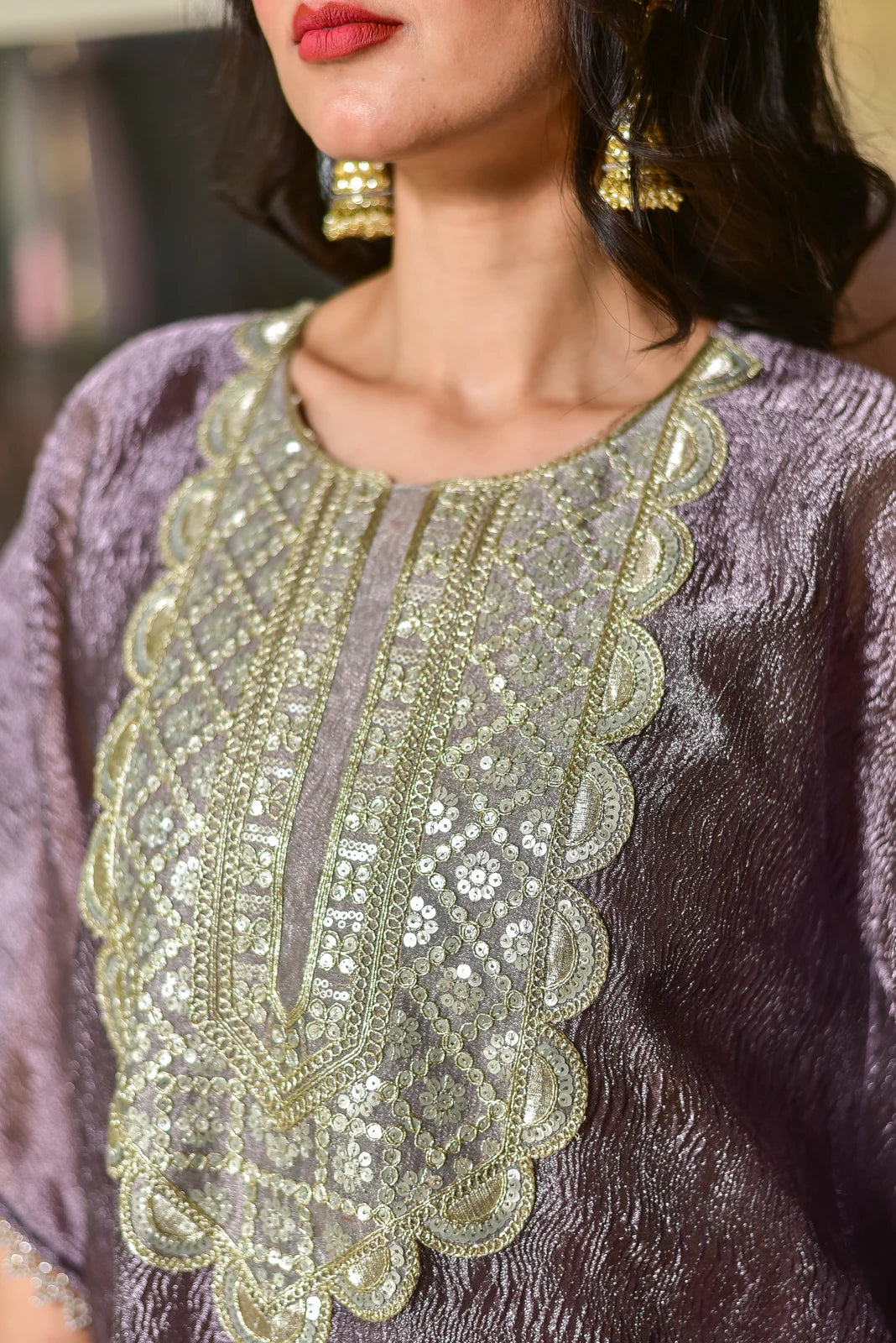 Lavender Luxe Embroidered Kaftan Dress

This stunning kaftan dress exudes contemporary elegance, crafted from premium moss organza that drapes beautifully while maintaining its structure. The sophisticated lavender tone adds a regal charm to this statement piece.