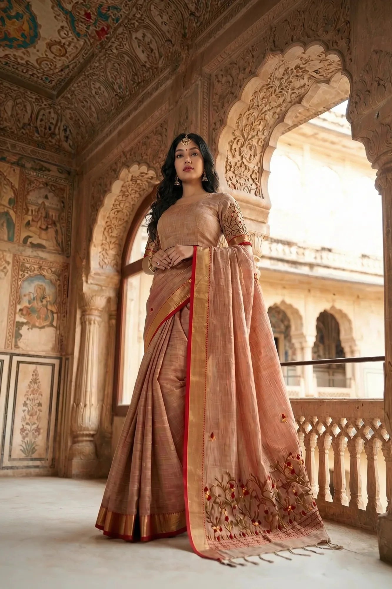 Elegant Copper Rust Crush Tissue Saree with Embroidery