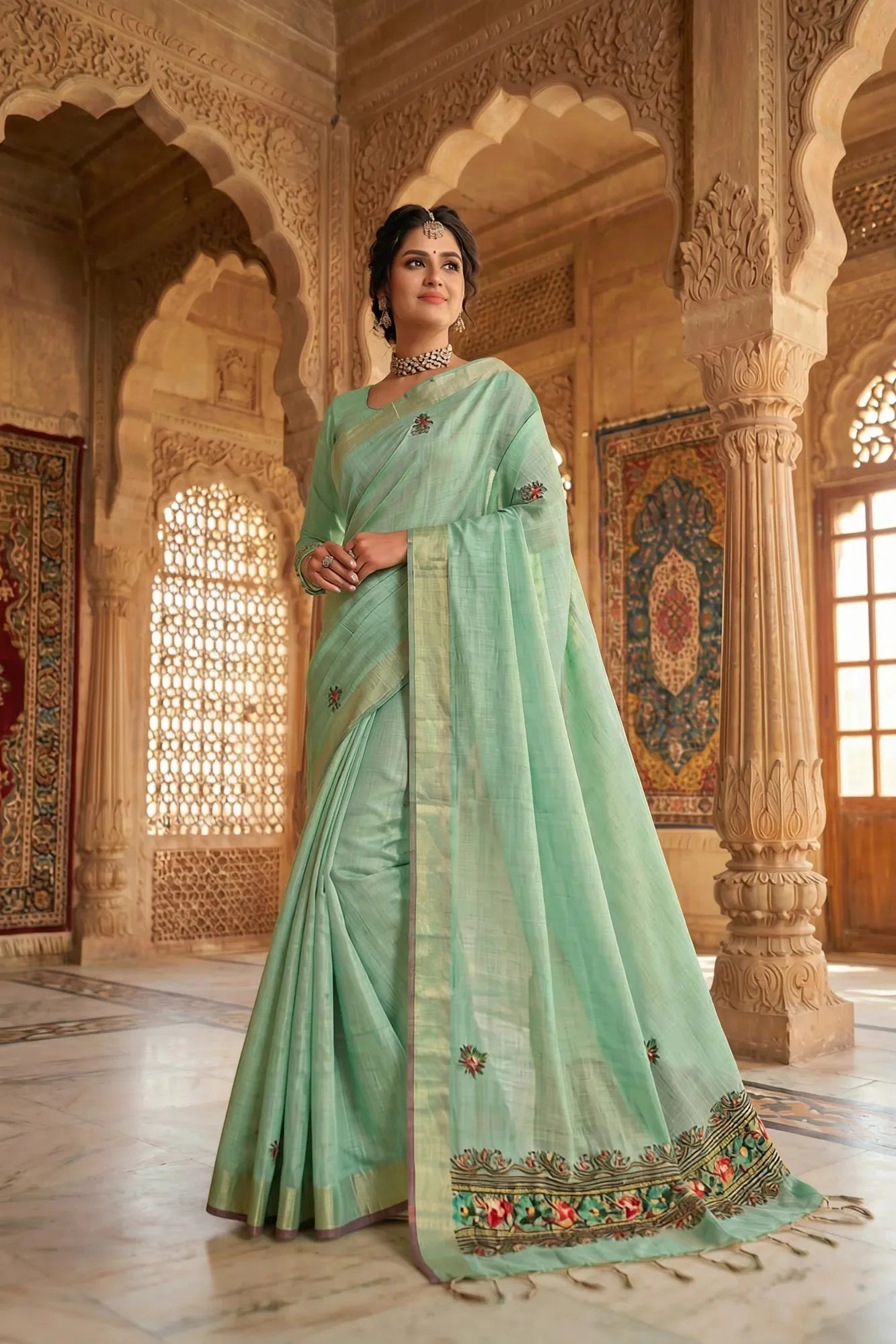 Ethereal Sea Green Soft Tissue Saree